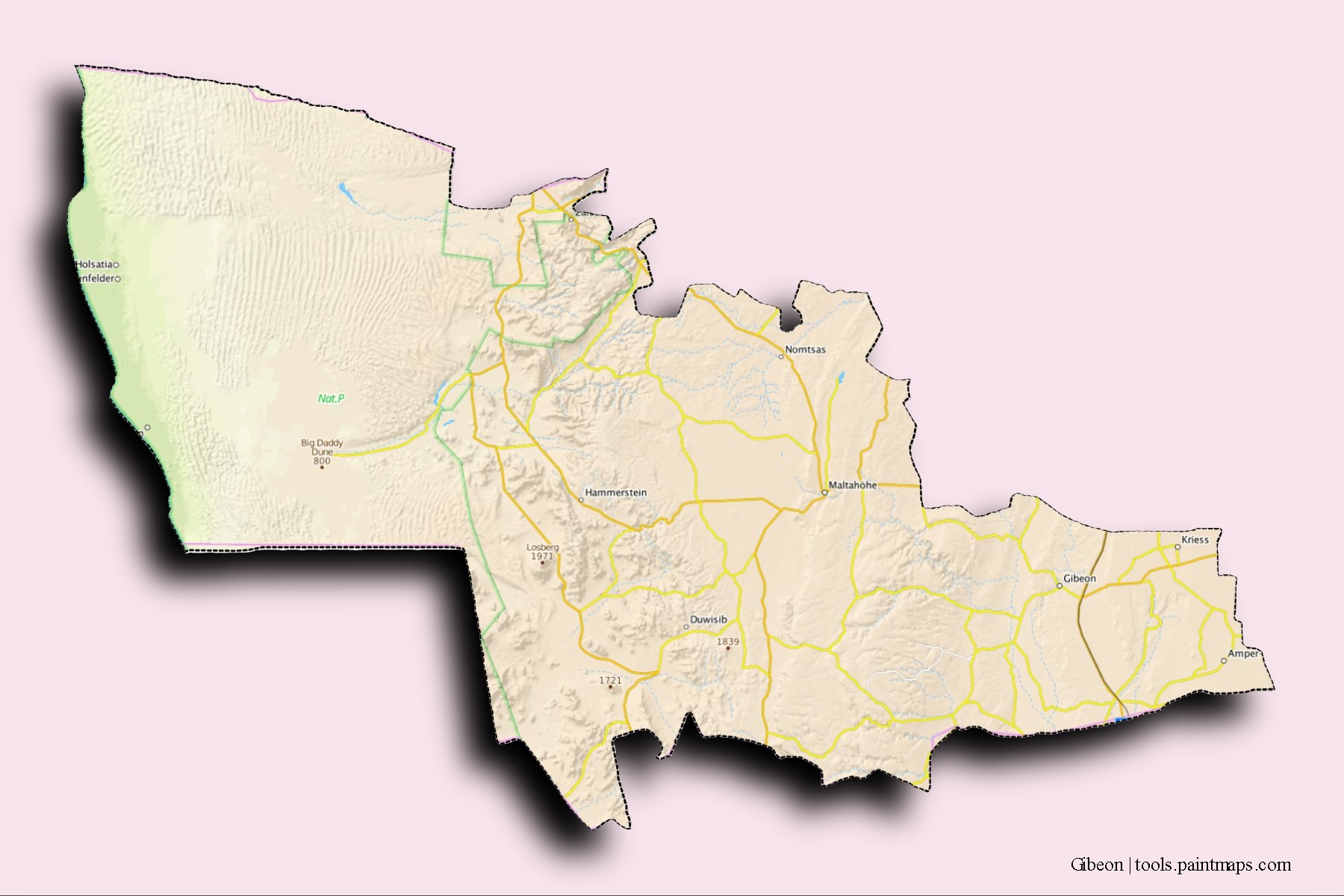 Mapa de barrios y pueblos de Gibeon con efecto de sombra 3D