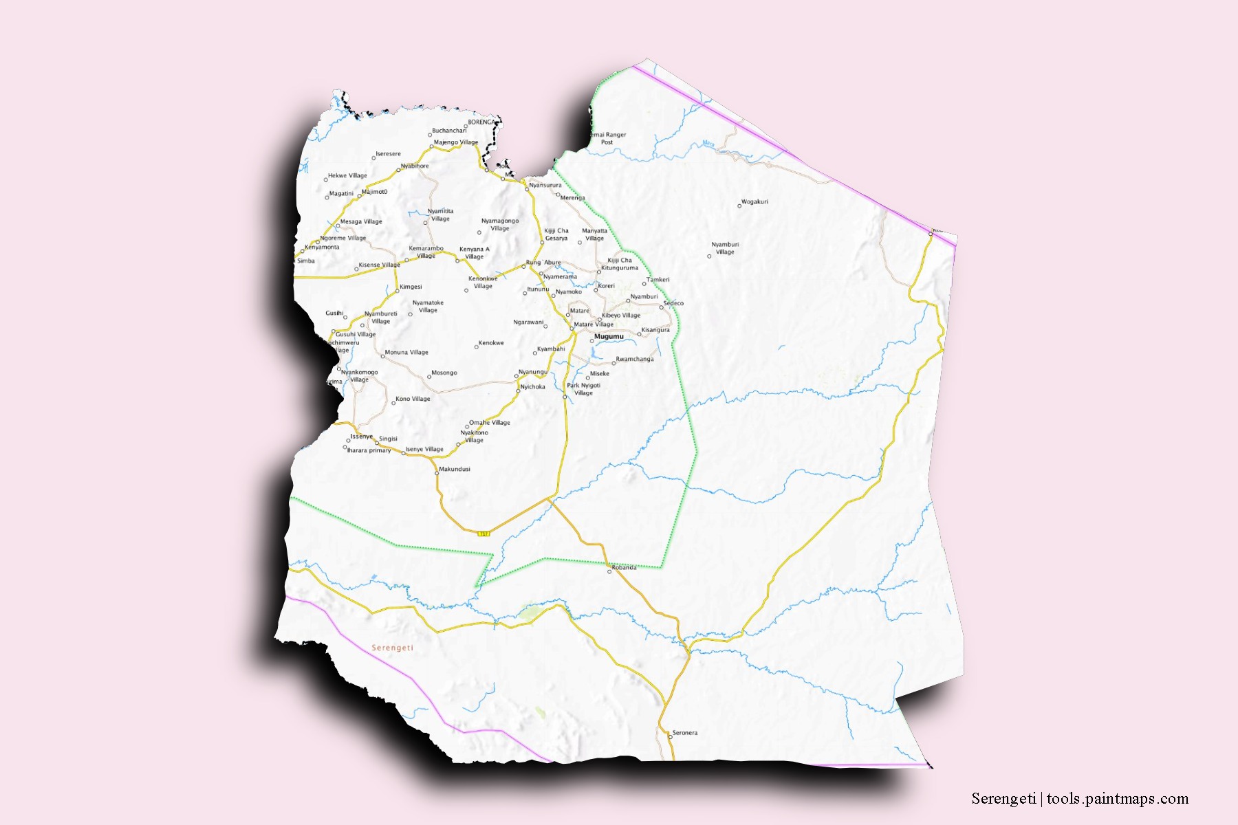 Mapa de barrios y pueblos de Serengeti con efecto de sombra 3D