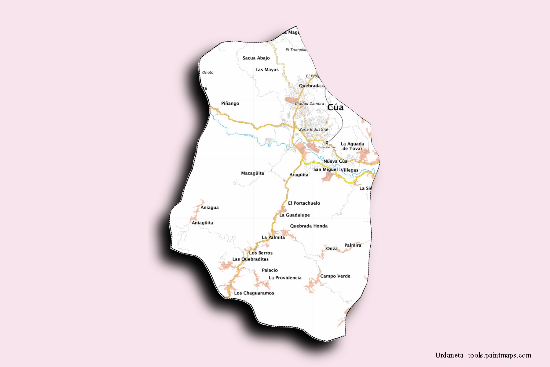 Mapa de barrios y pueblos de Urdaneta con efecto de sombra 3D