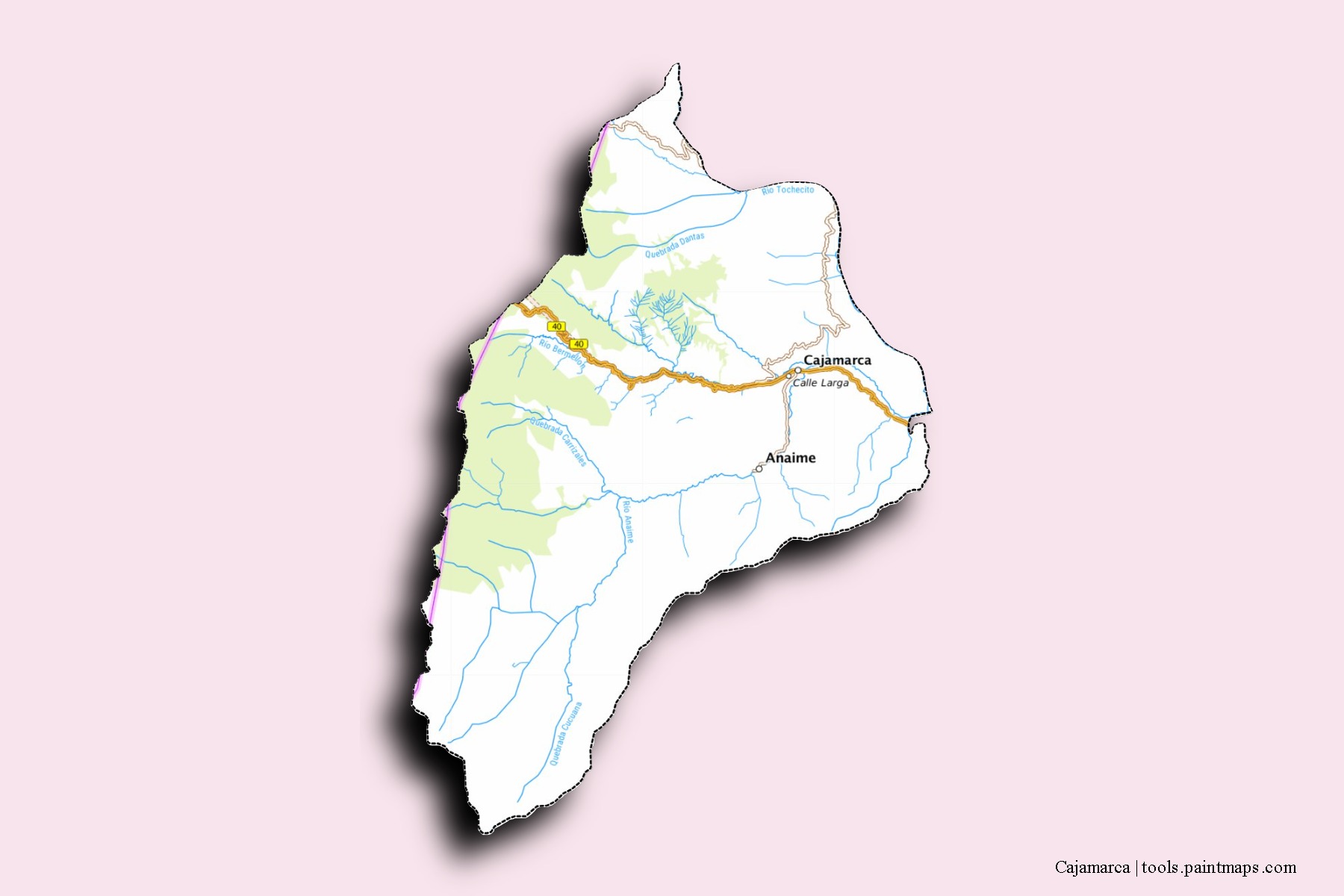 Cajamarca neighborhoods and villages map with 3D shadow effect