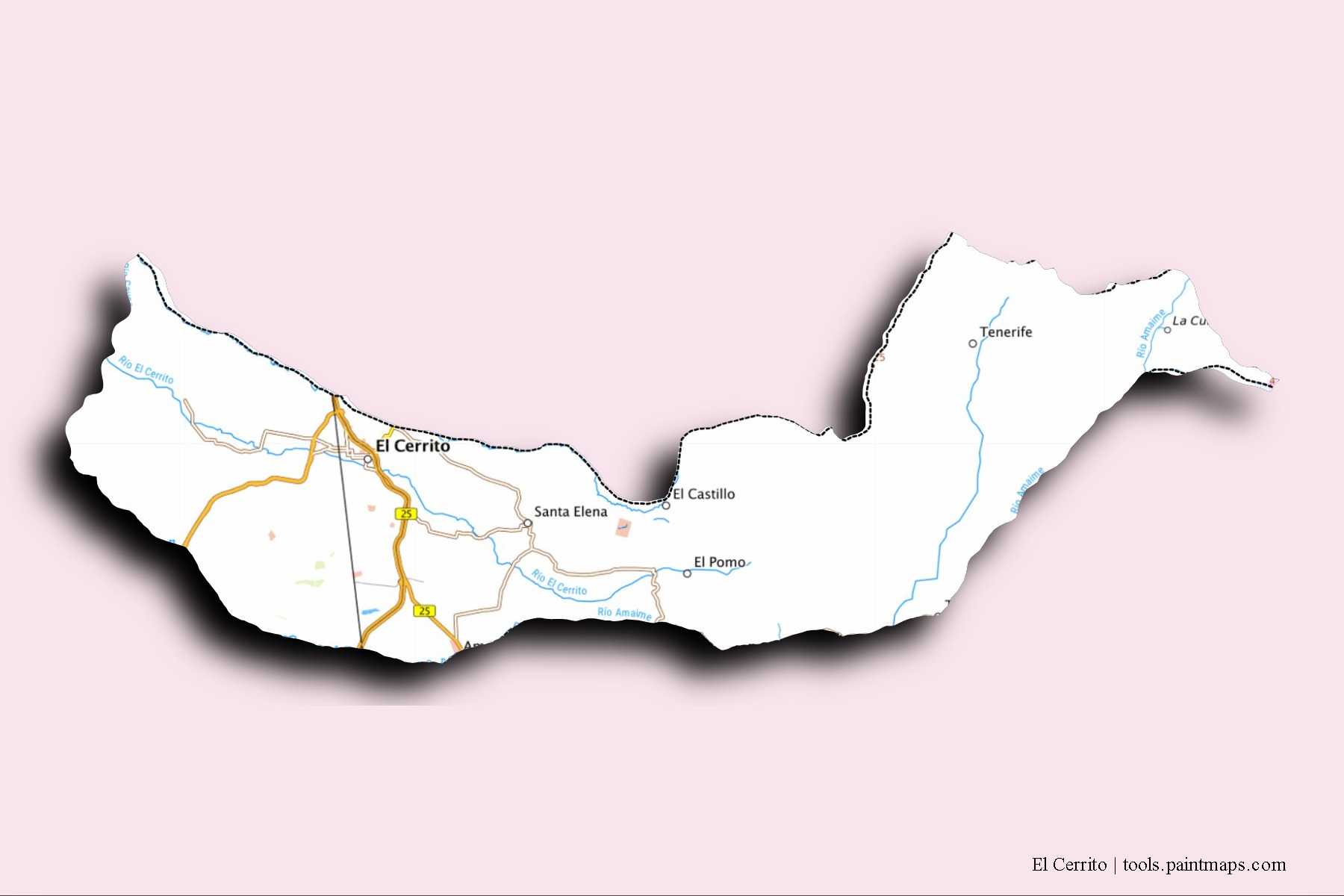 El Cerrito neighborhoods and villages map with 3D shadow effect