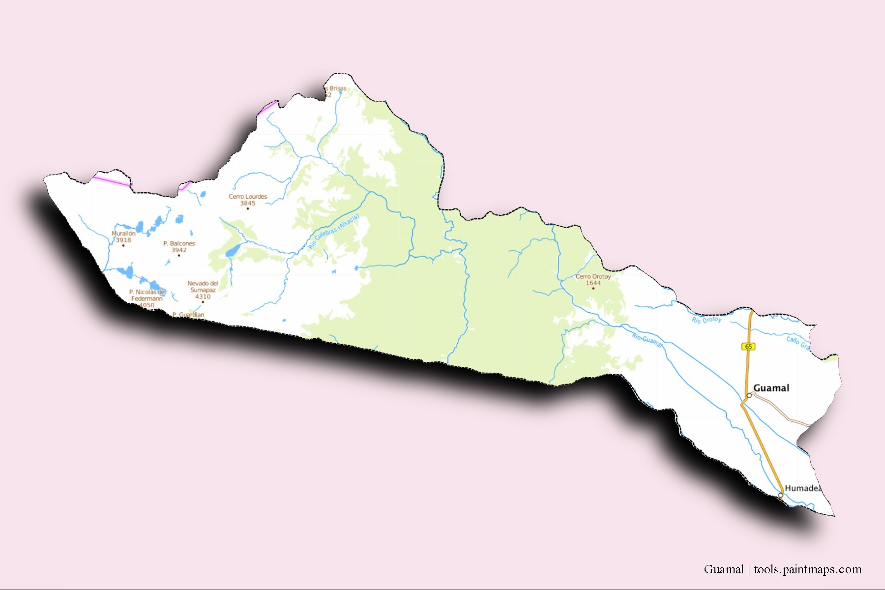 Mapa de barrios y pueblos de Guamal con efecto de sombra 3D