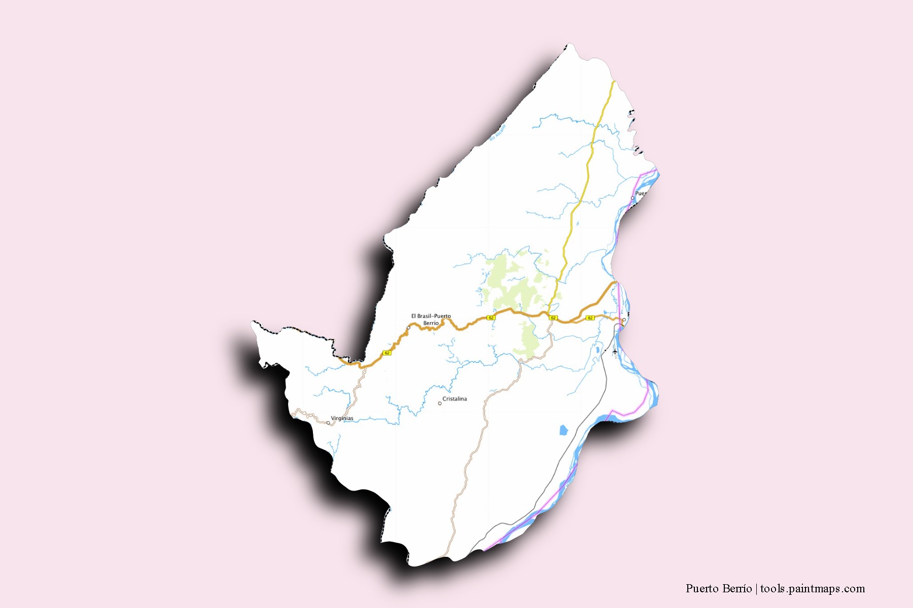 Mapa de barrios y pueblos de Puerto Berrío con efecto de sombra 3D