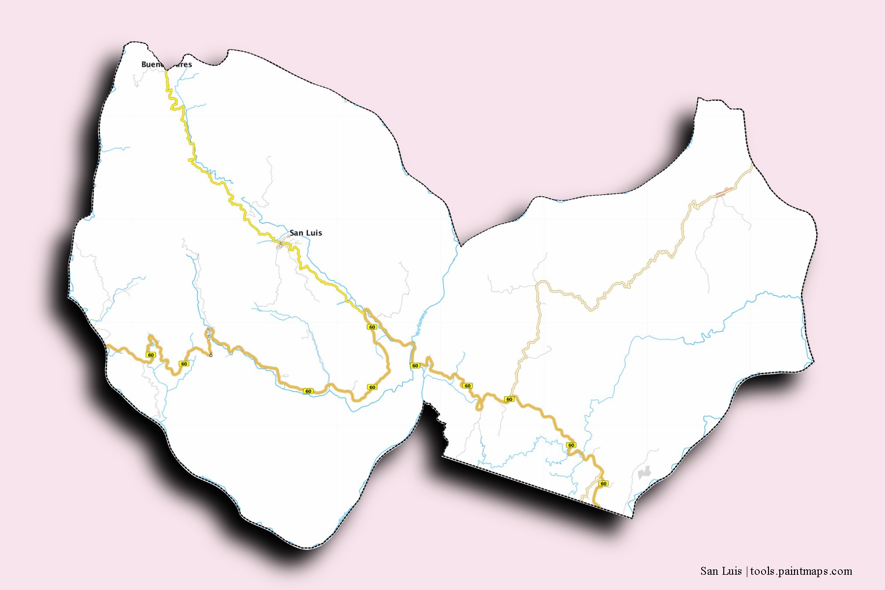 San Luis neighborhoods and villages map with 3D shadow effect