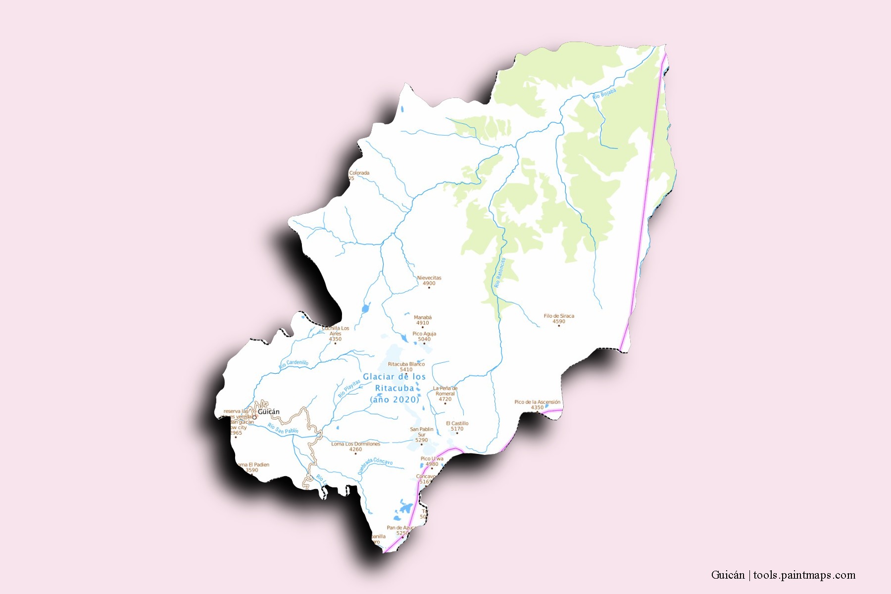 Guicán neighborhoods and villages map with 3D shadow effect