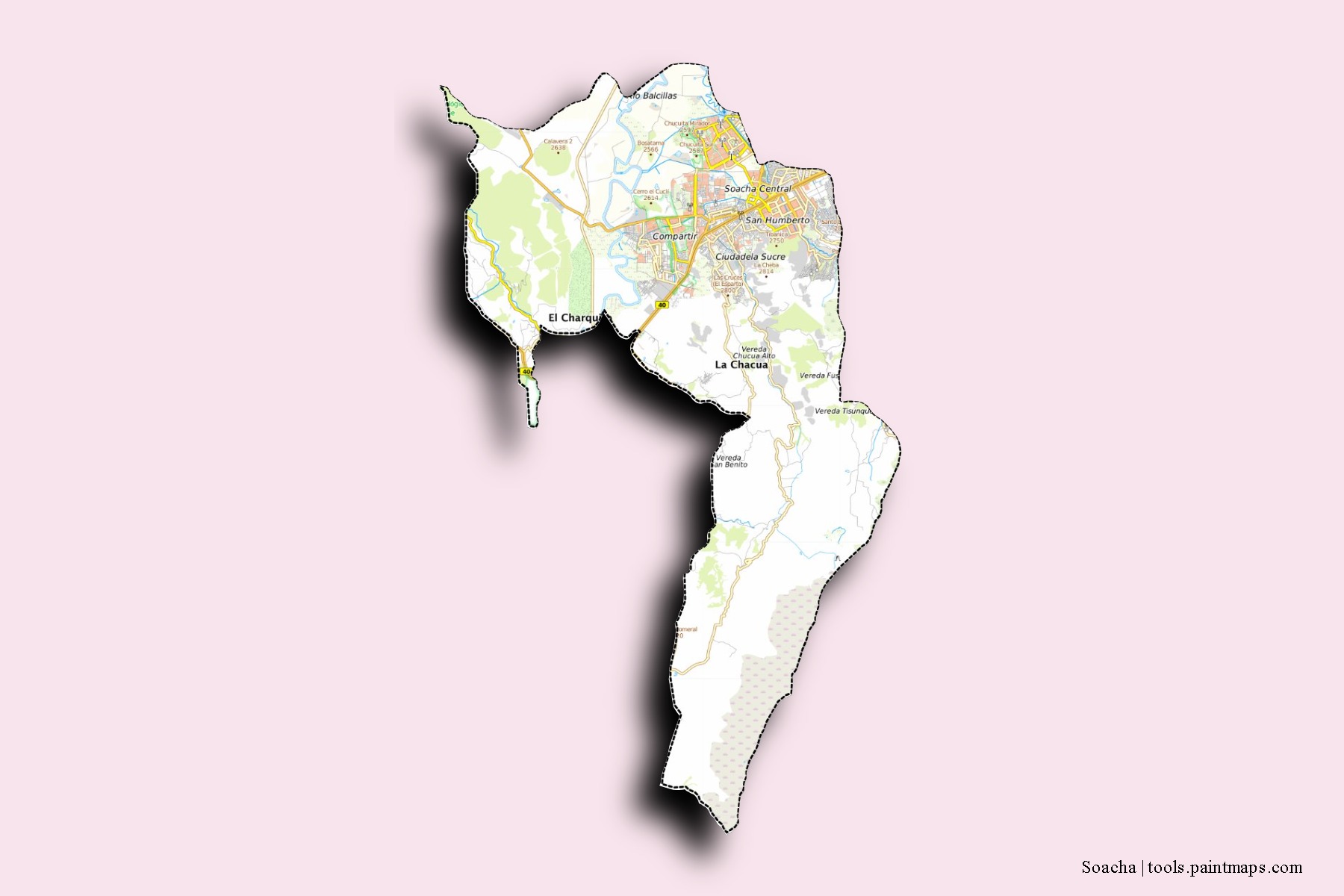 Soacha neighborhoods and villages map with 3D shadow effect