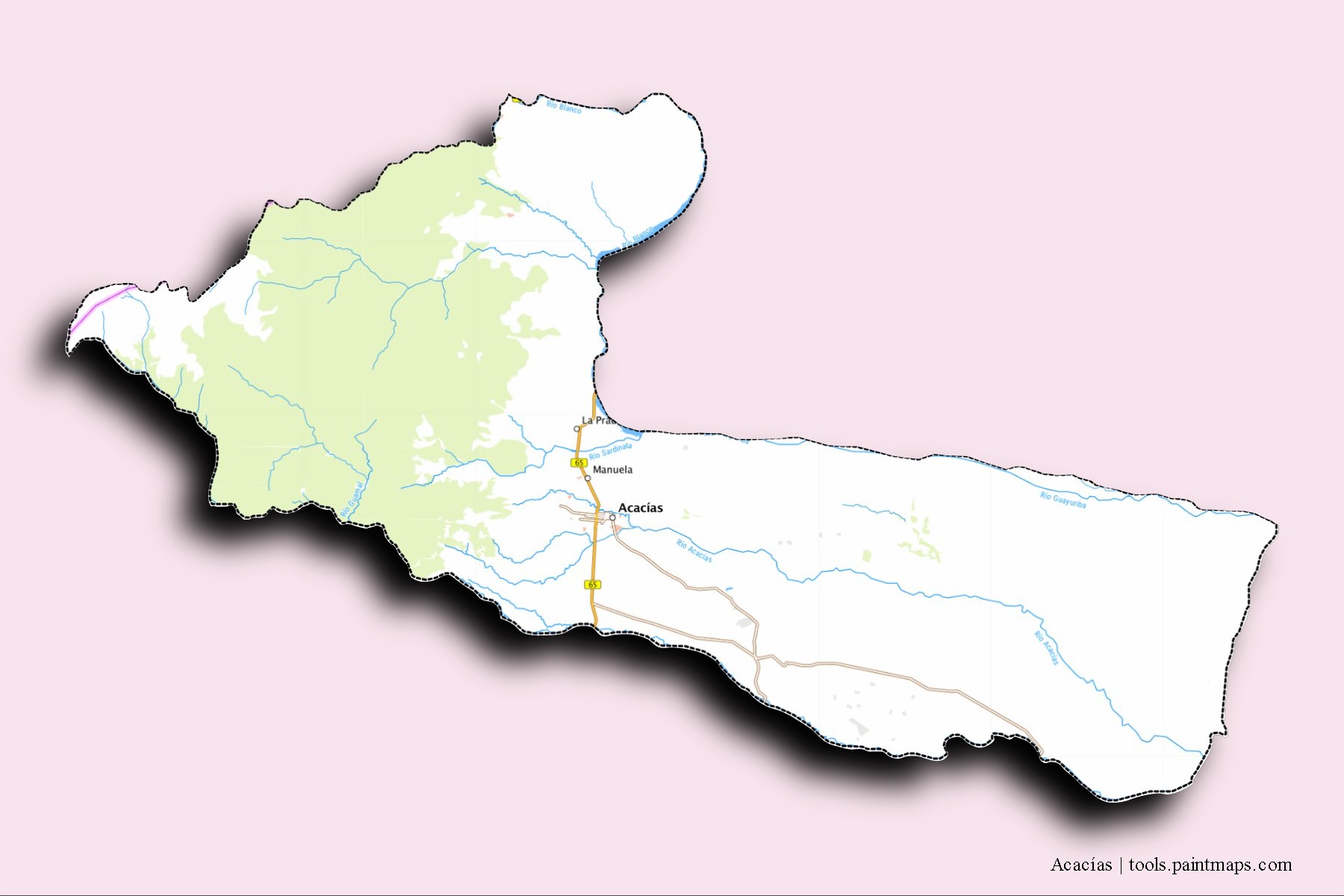 Acacías neighborhoods and villages map with 3D shadow effect