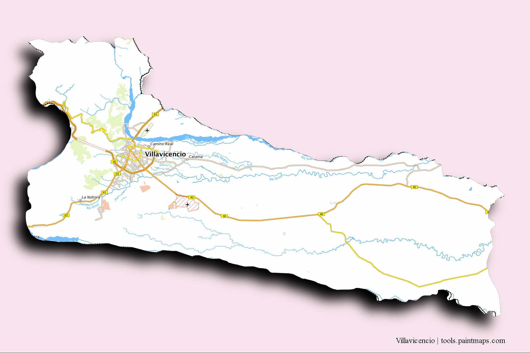 Villavicencio neighborhoods and villages map with 3D shadow effect