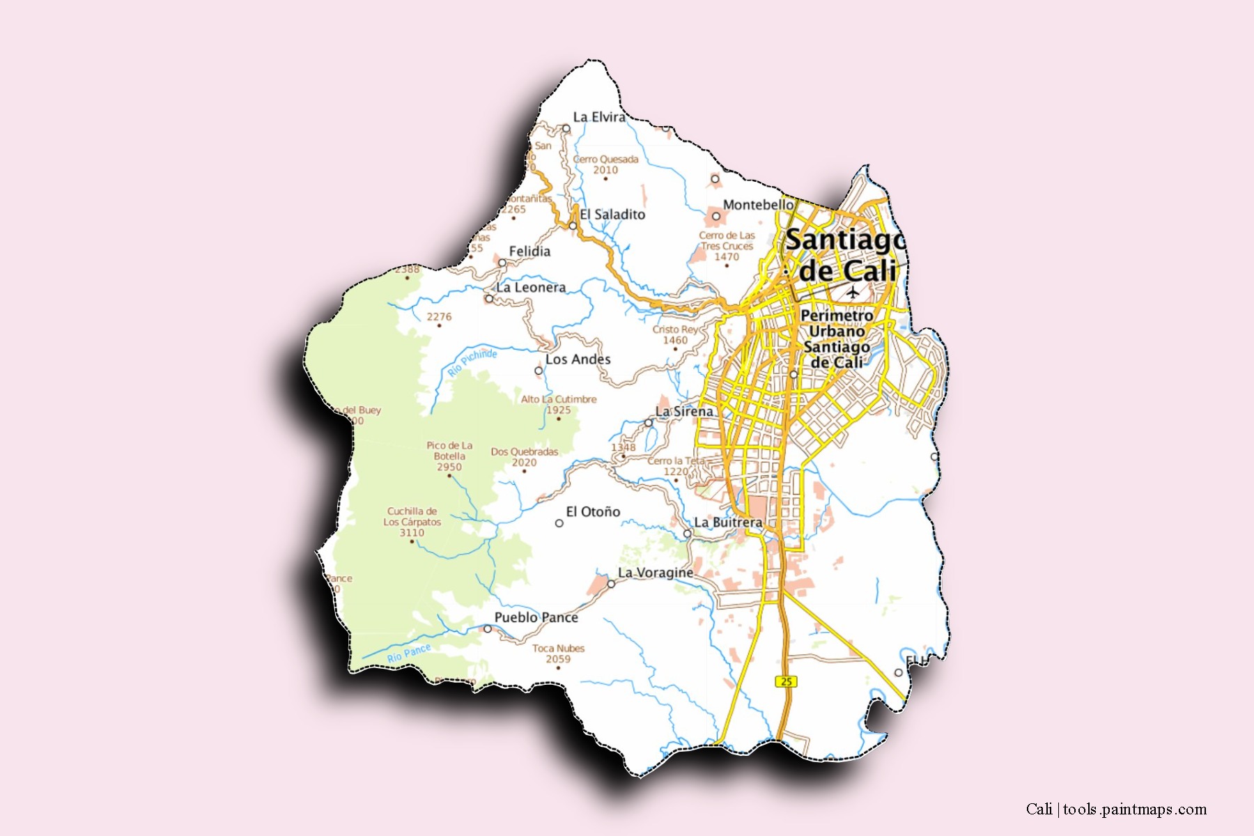 Mapa de barrios y pueblos de Cali con efecto de sombra 3D