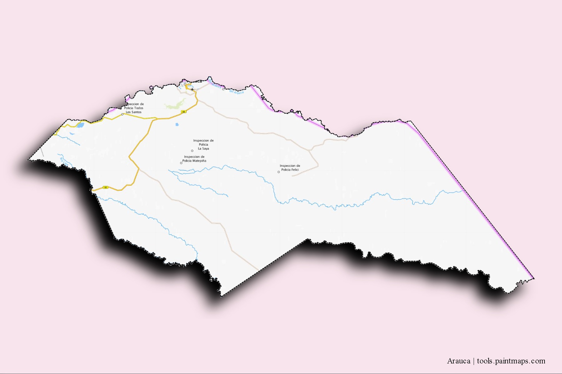 Mapa de barrios y pueblos de Arauca con efecto de sombra 3D