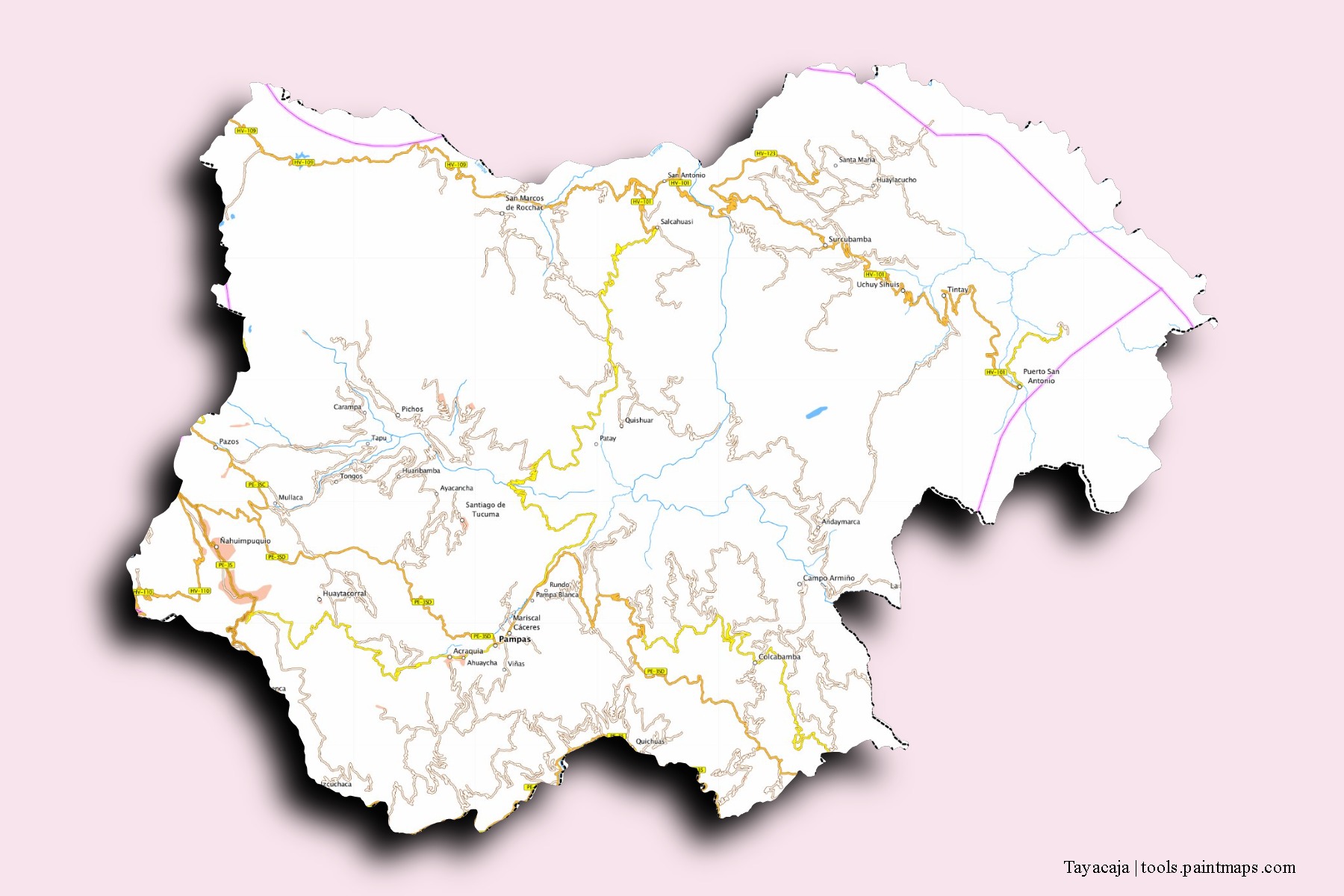 Mapa de barrios y pueblos de Tayacaja con efecto de sombra 3D