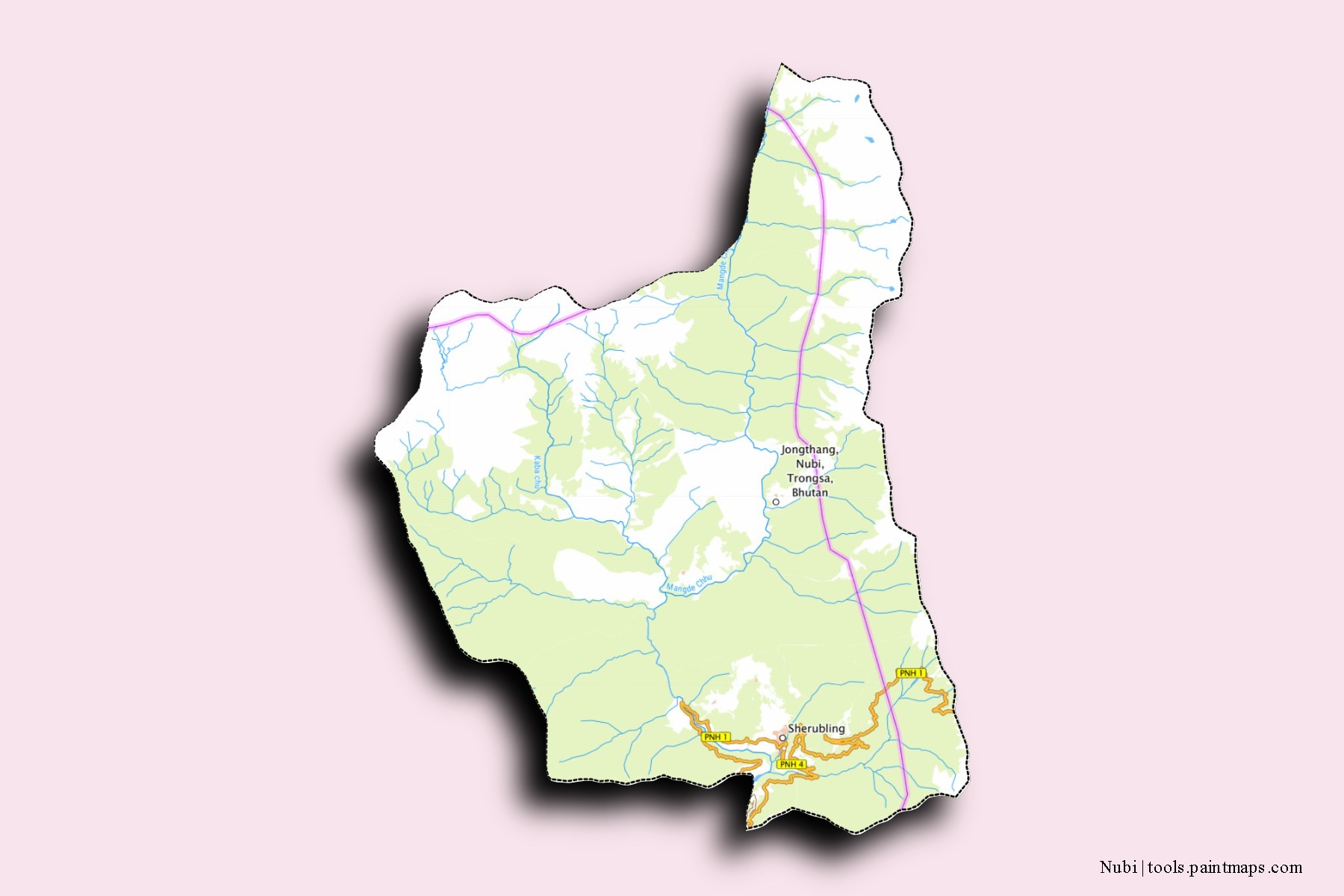 Mapa de barrios y pueblos de Nubi con efecto de sombra 3D