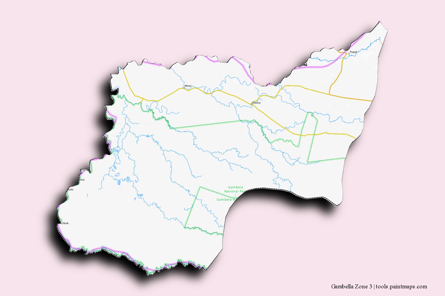 Mapa de barrios y pueblos de Gambella Zone 3 con efecto de sombra 3D