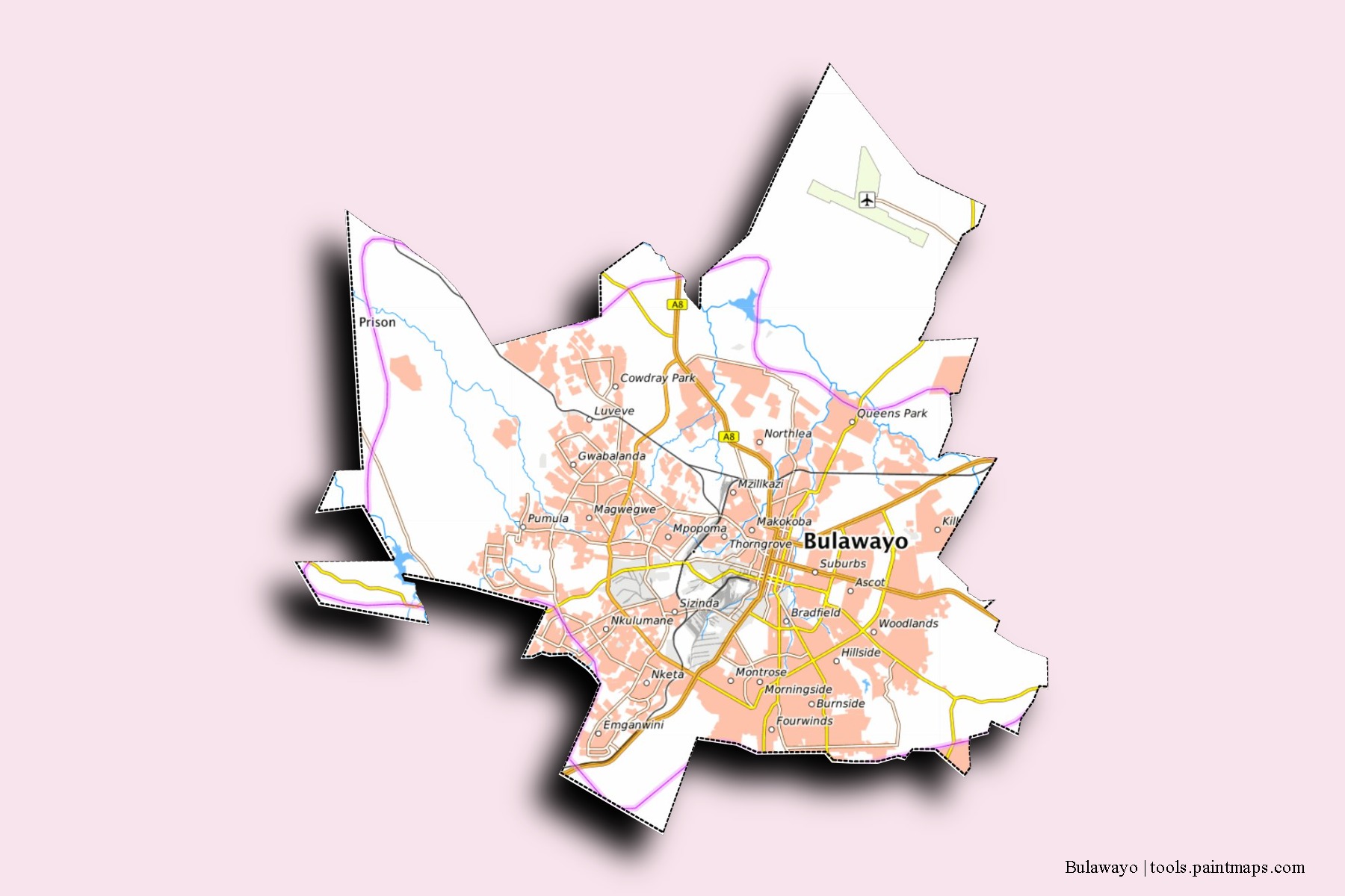 3D gölge efektli Bulawayo mahalleleri ve köyleri haritası