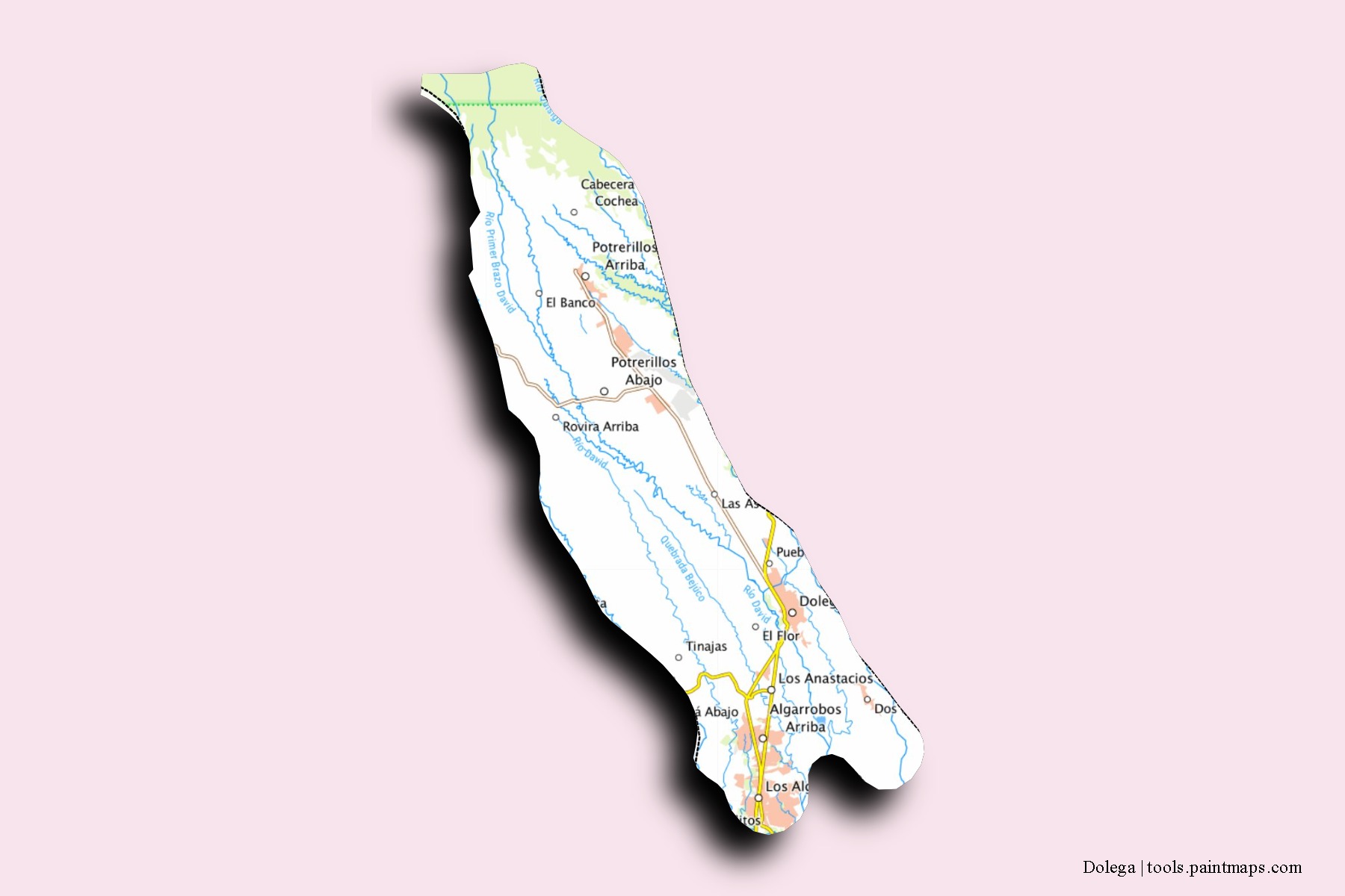 Dolega neighborhoods and villages map with 3D shadow effect