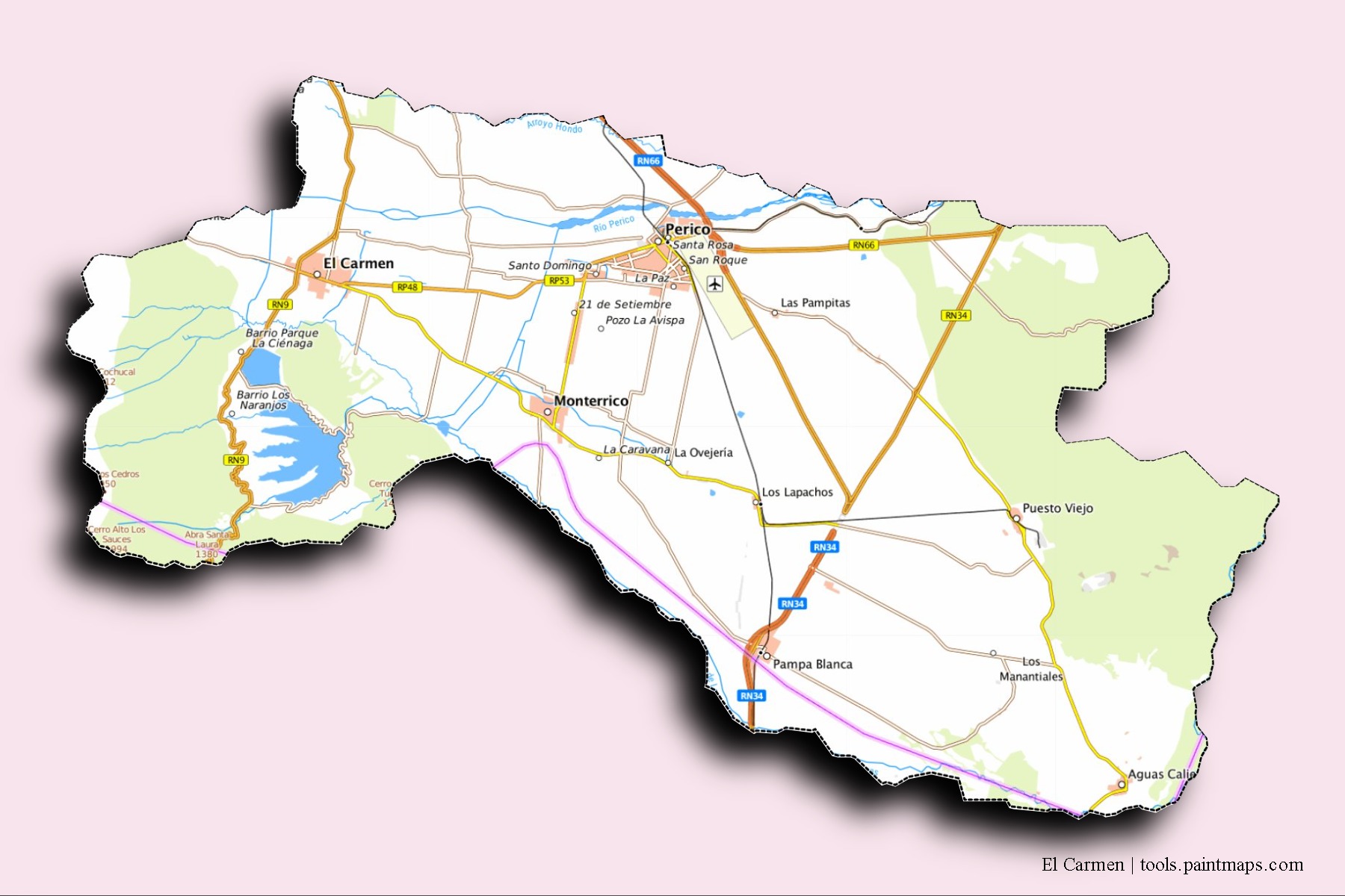 Mapa de barrios y pueblos de El Carmen con efecto de sombra 3D