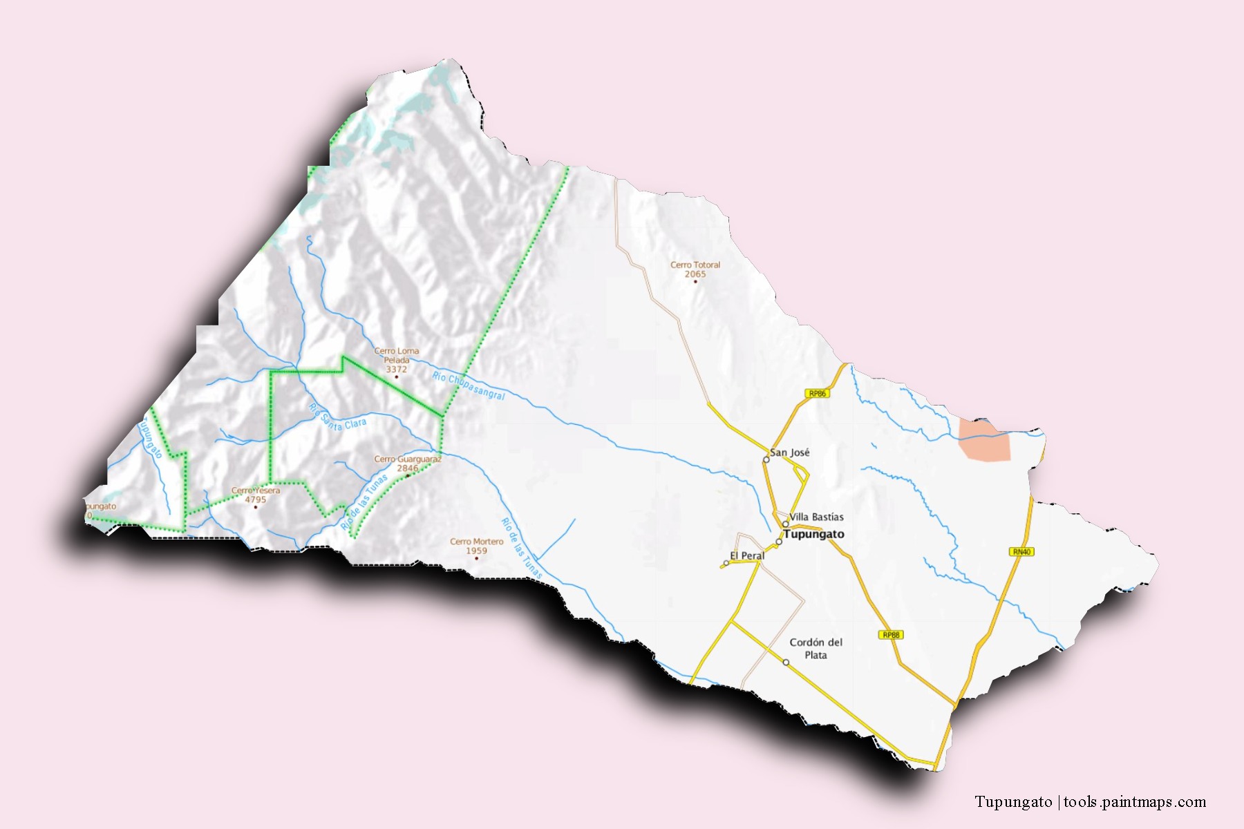 Mapa de barrios y pueblos de Tupungato con efecto de sombra 3D