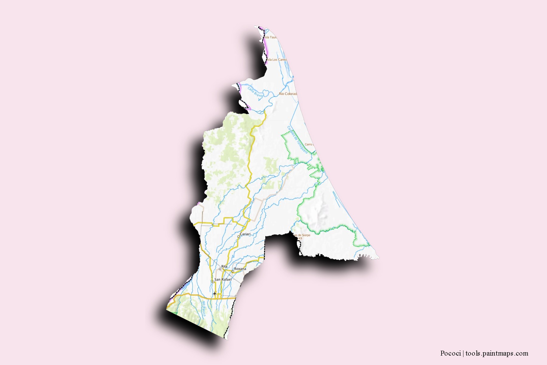 Mapa de barrios y pueblos de Pococi con efecto de sombra 3D