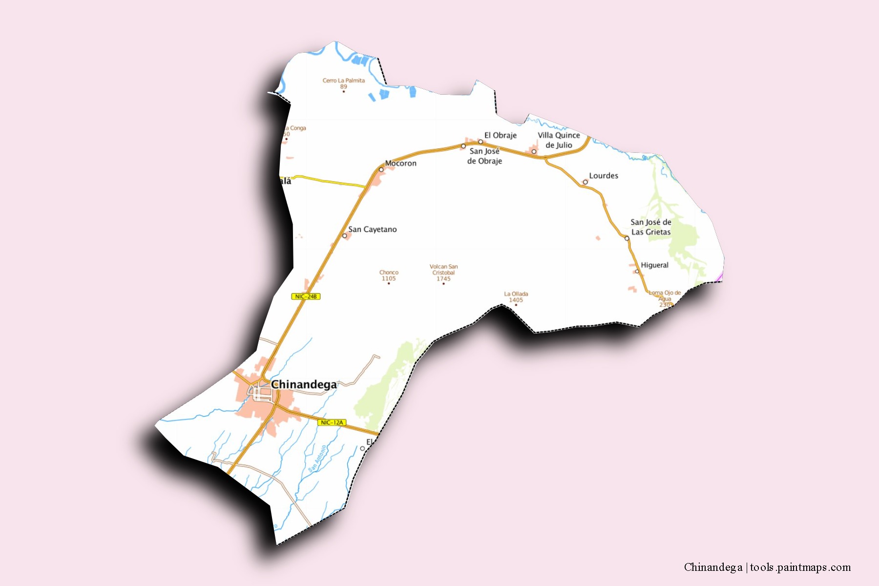 Mapa de barrios y pueblos de Chinandega con efecto de sombra 3D