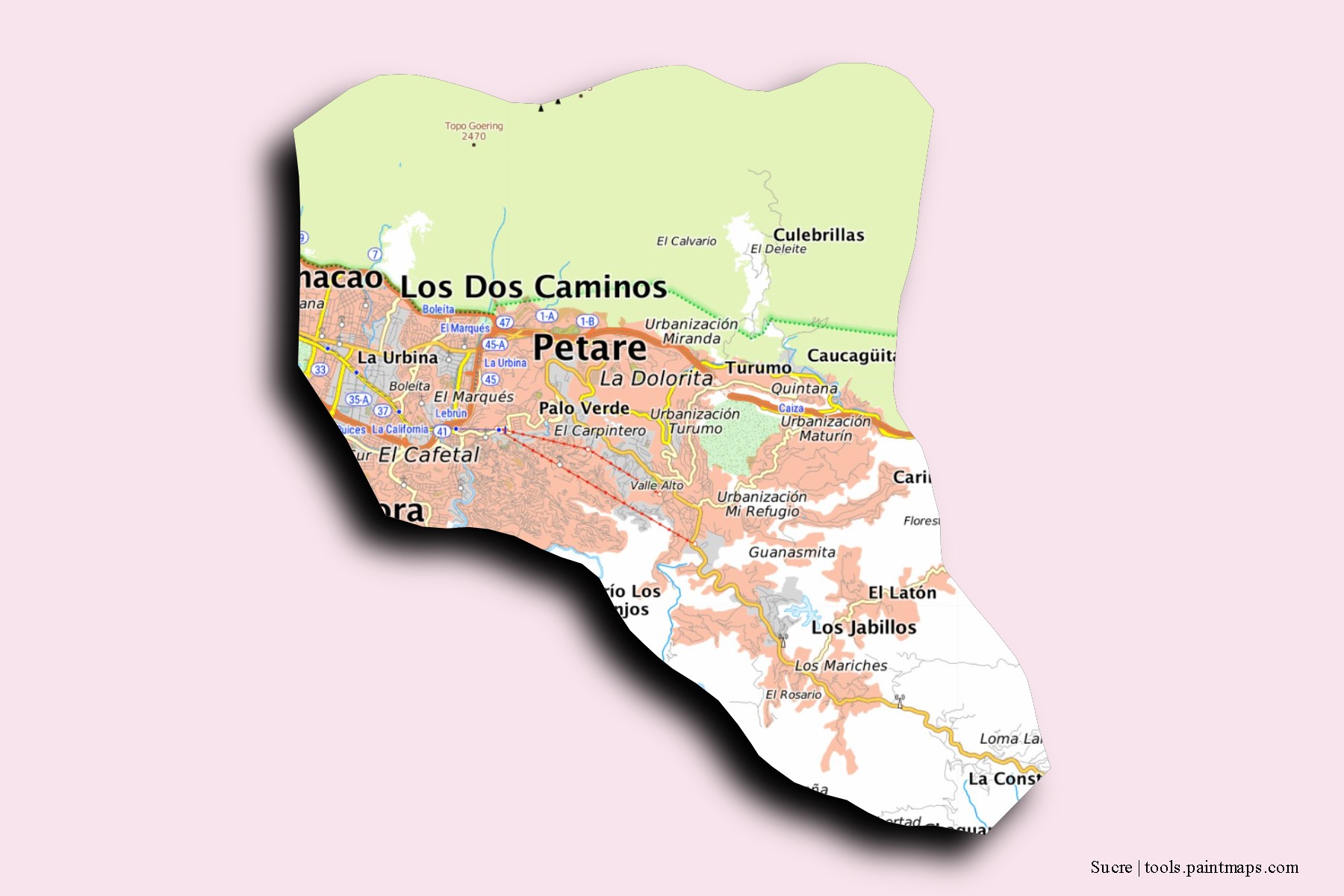 Mapa de barrios y pueblos de Sucre con efecto de sombra 3D