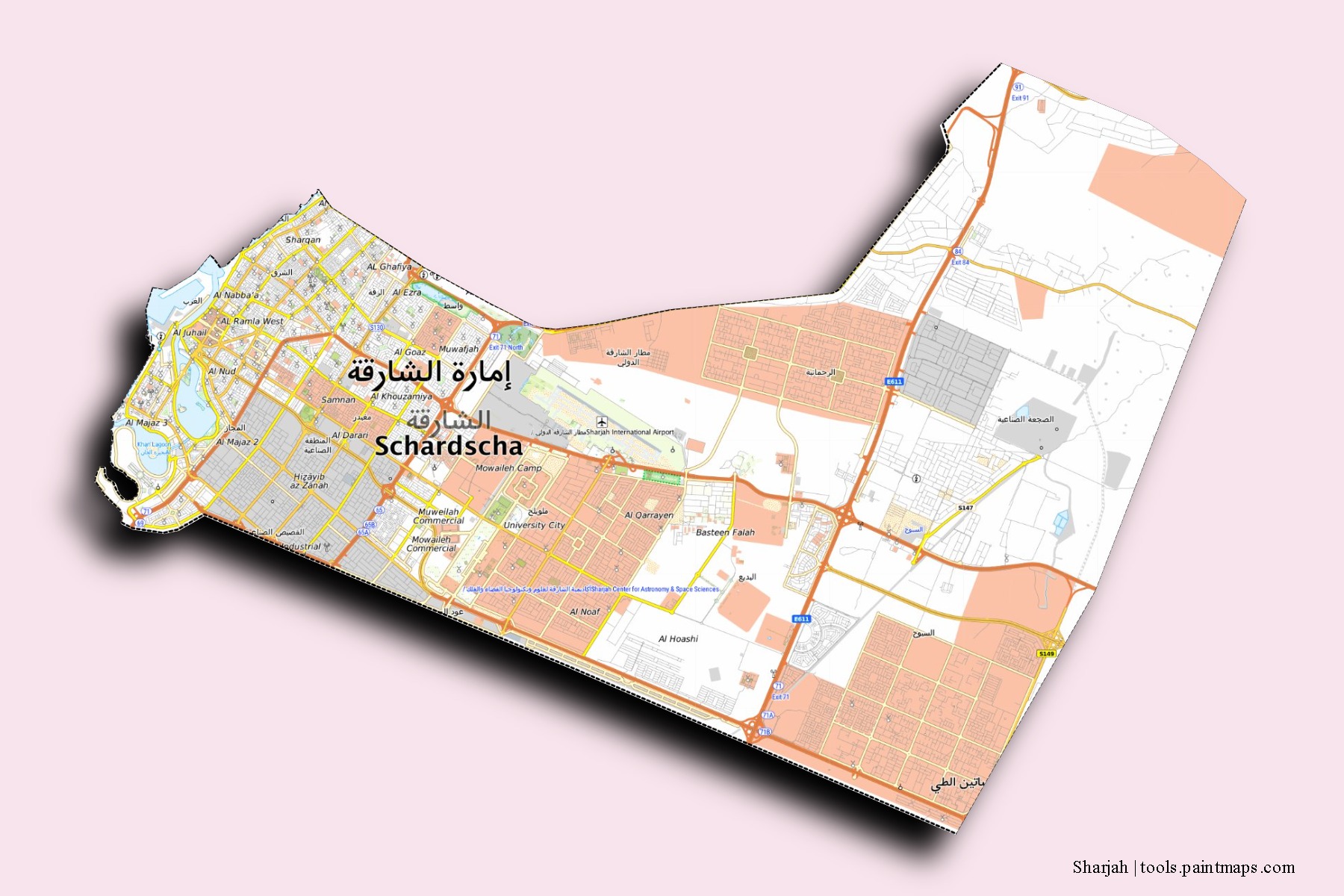 Mapa de barrios y pueblos de Sharjah con efecto de sombra 3D