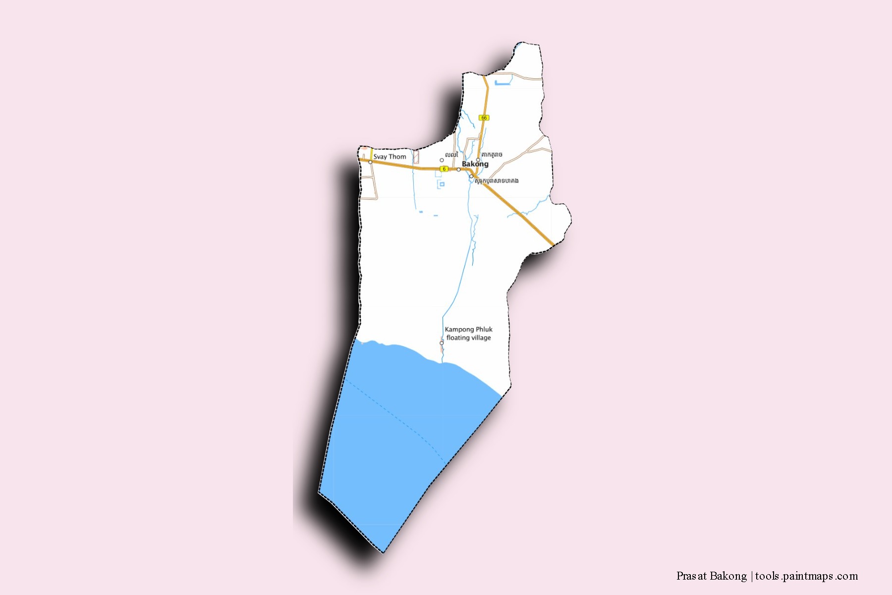 Mapa de barrios y pueblos de Prasat Bakong con efecto de sombra 3D