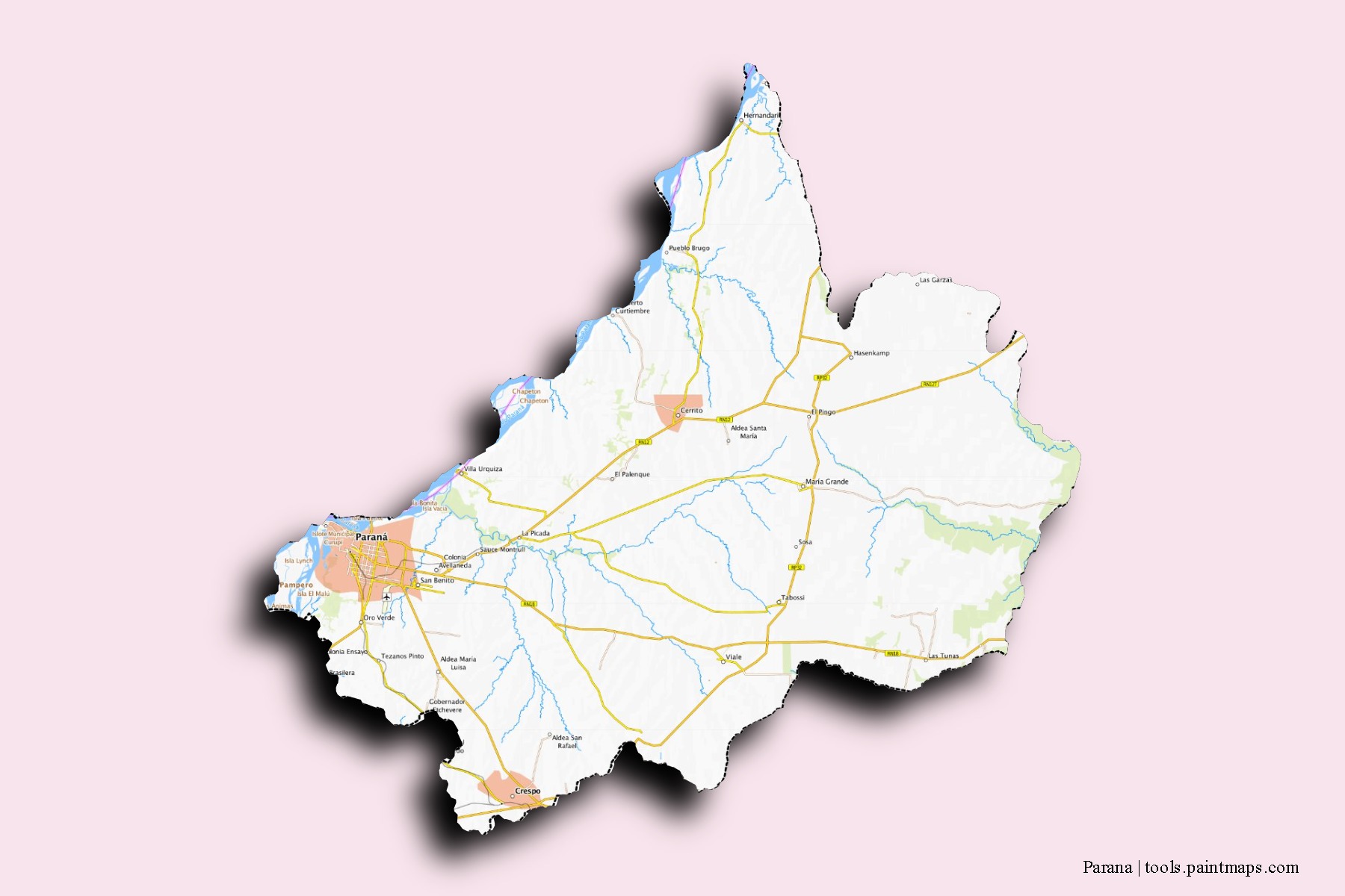 Paraná neighborhoods and villages map with 3D shadow effect