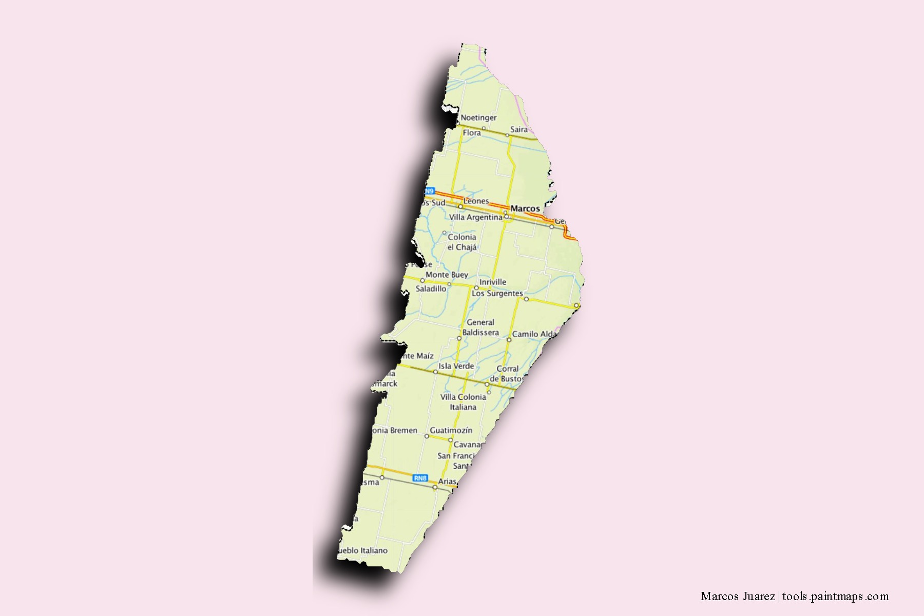 Mapa de barrios y pueblos de Marcos Juarez con efecto de sombra 3D