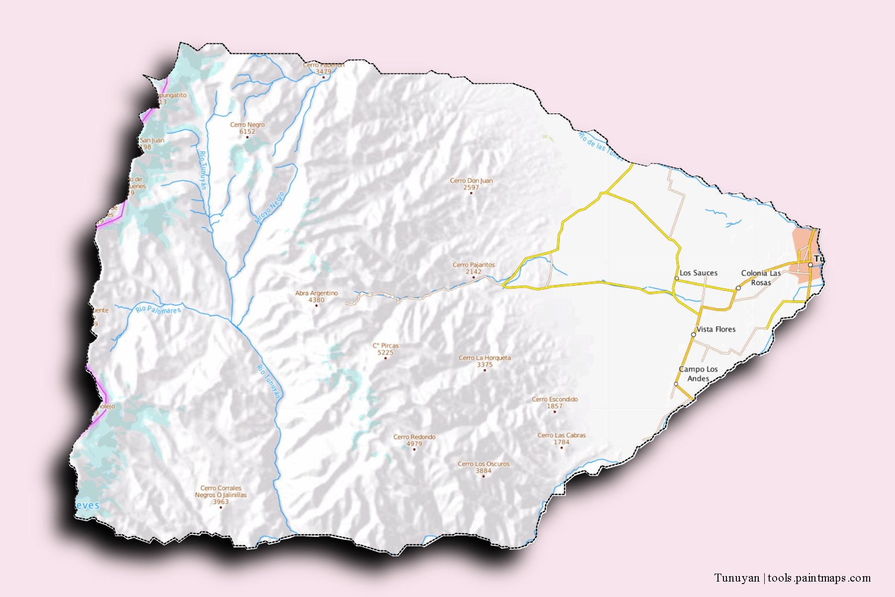 Tunuyán neighborhoods and villages map with 3D shadow effect