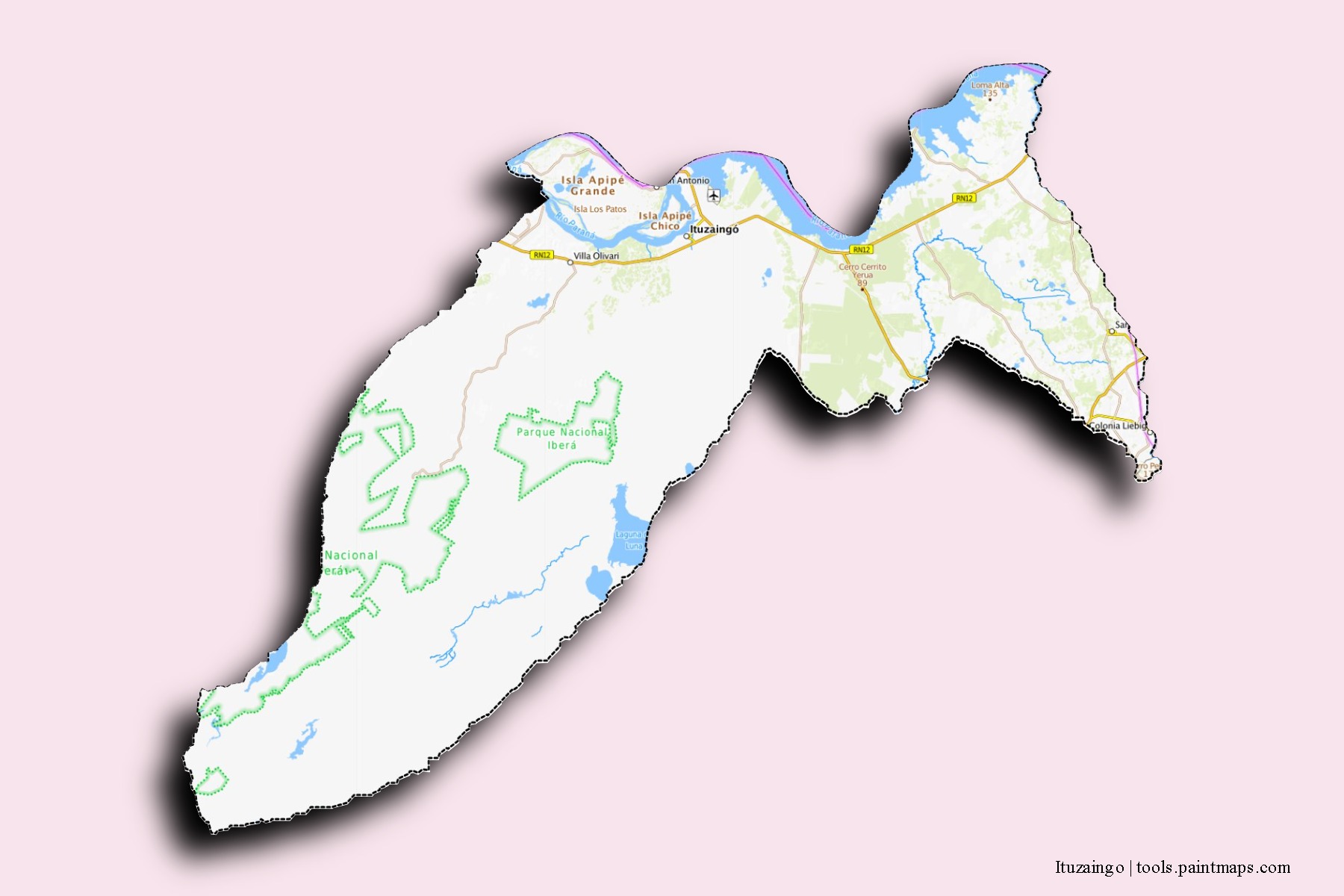 Mapa de barrios y pueblos de Ituzaingo con efecto de sombra 3D