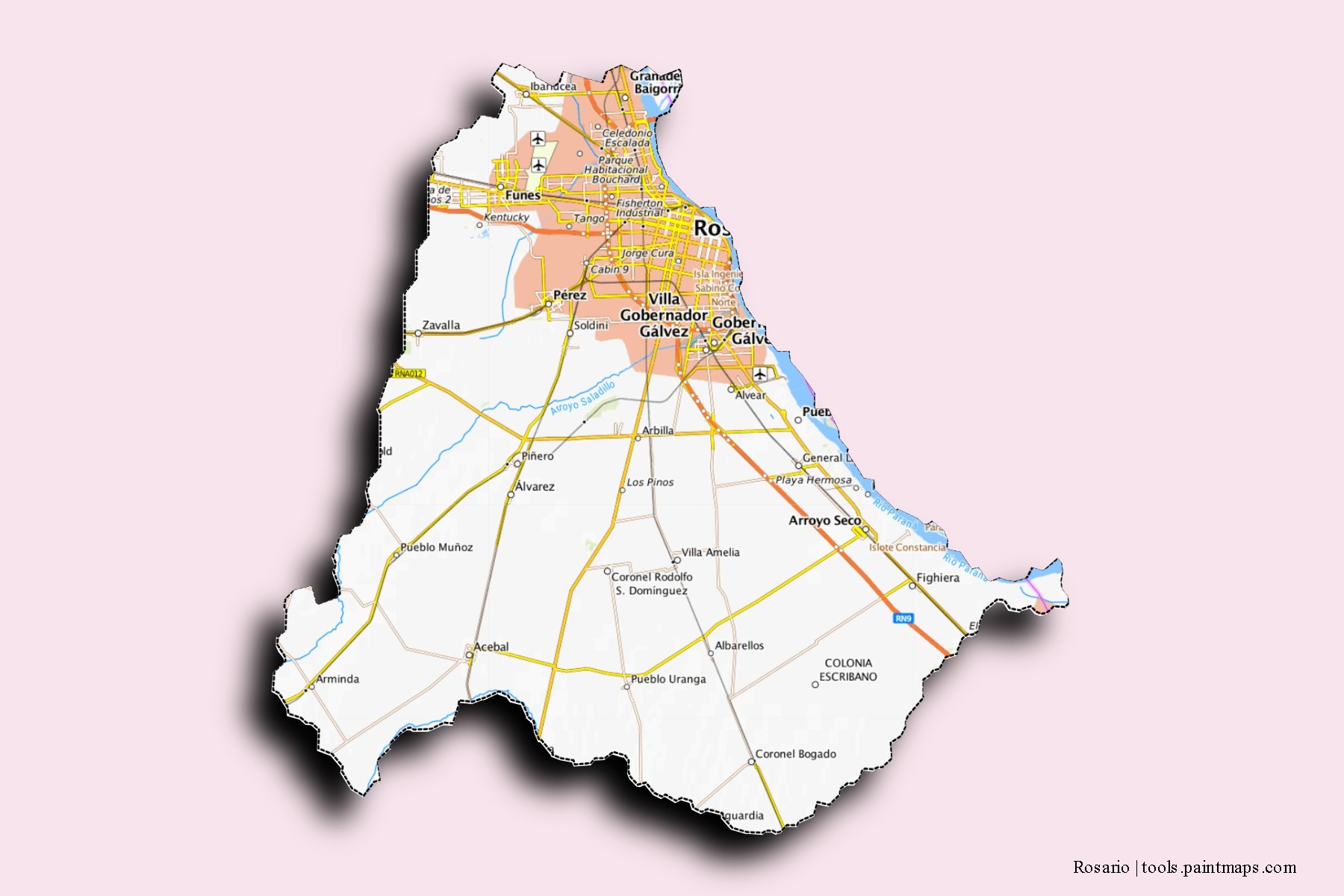 Rosario neighborhoods and villages map with 3D shadow effect