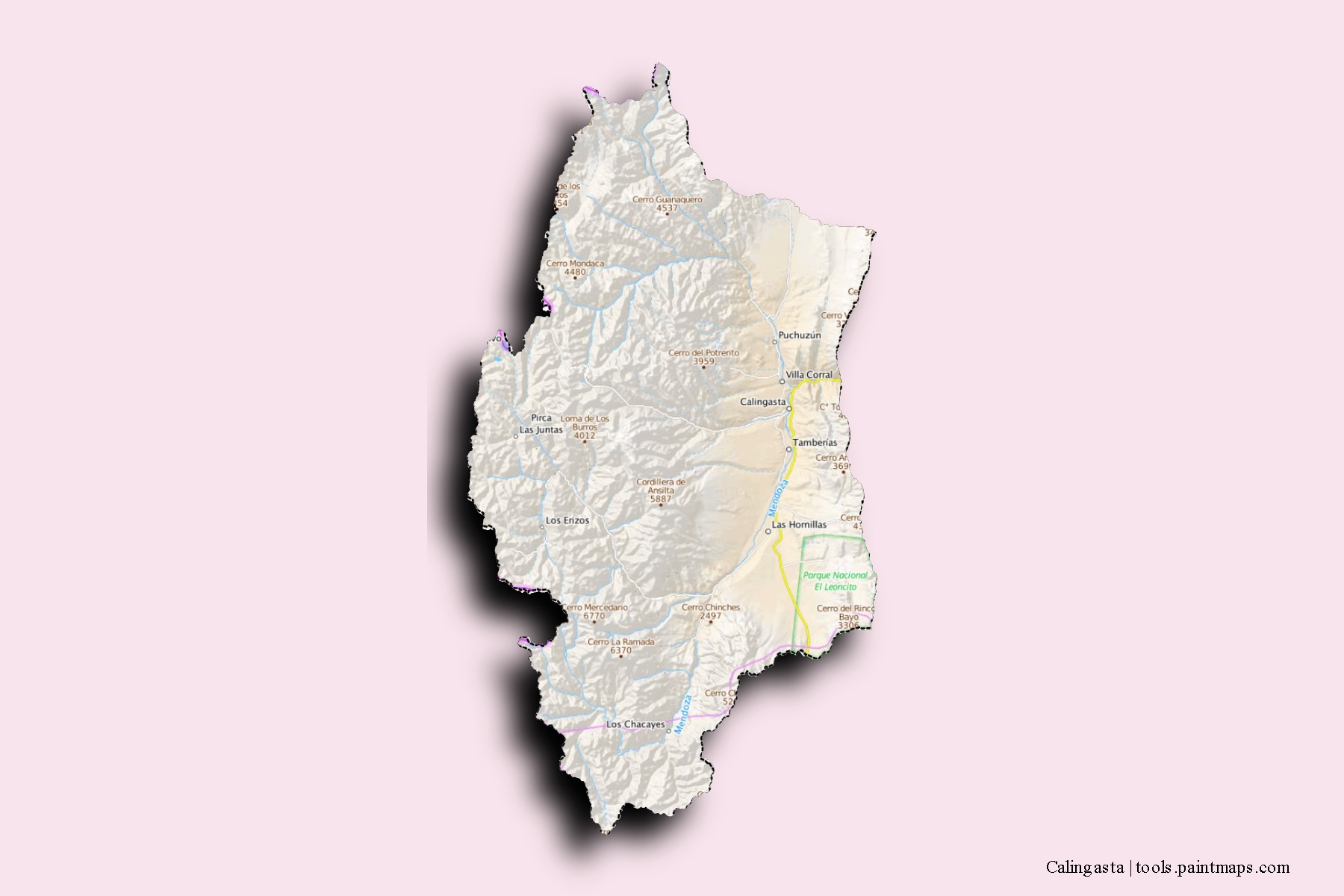 Mapa de barrios y pueblos de Calingasta con efecto de sombra 3D