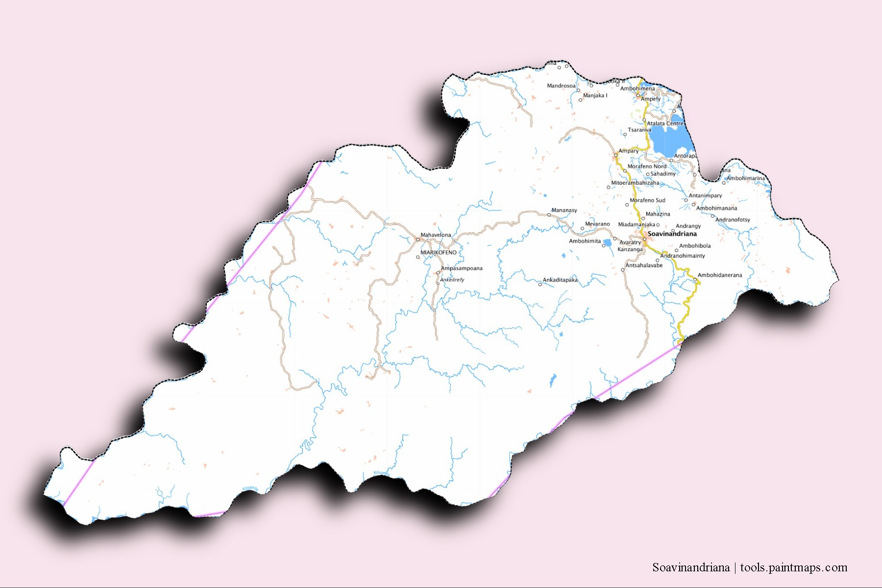 Mapa de barrios y pueblos de Soavinandriana con efecto de sombra 3D