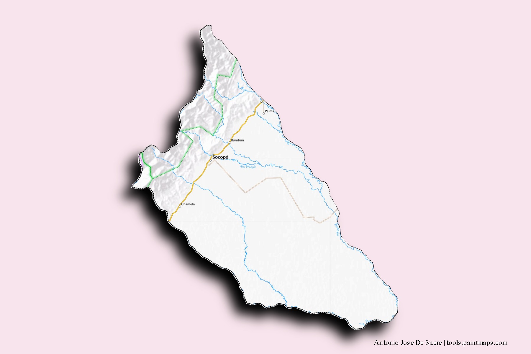 Mapa de barrios y pueblos de Antonio Jose De Sucre con efecto de sombra 3D