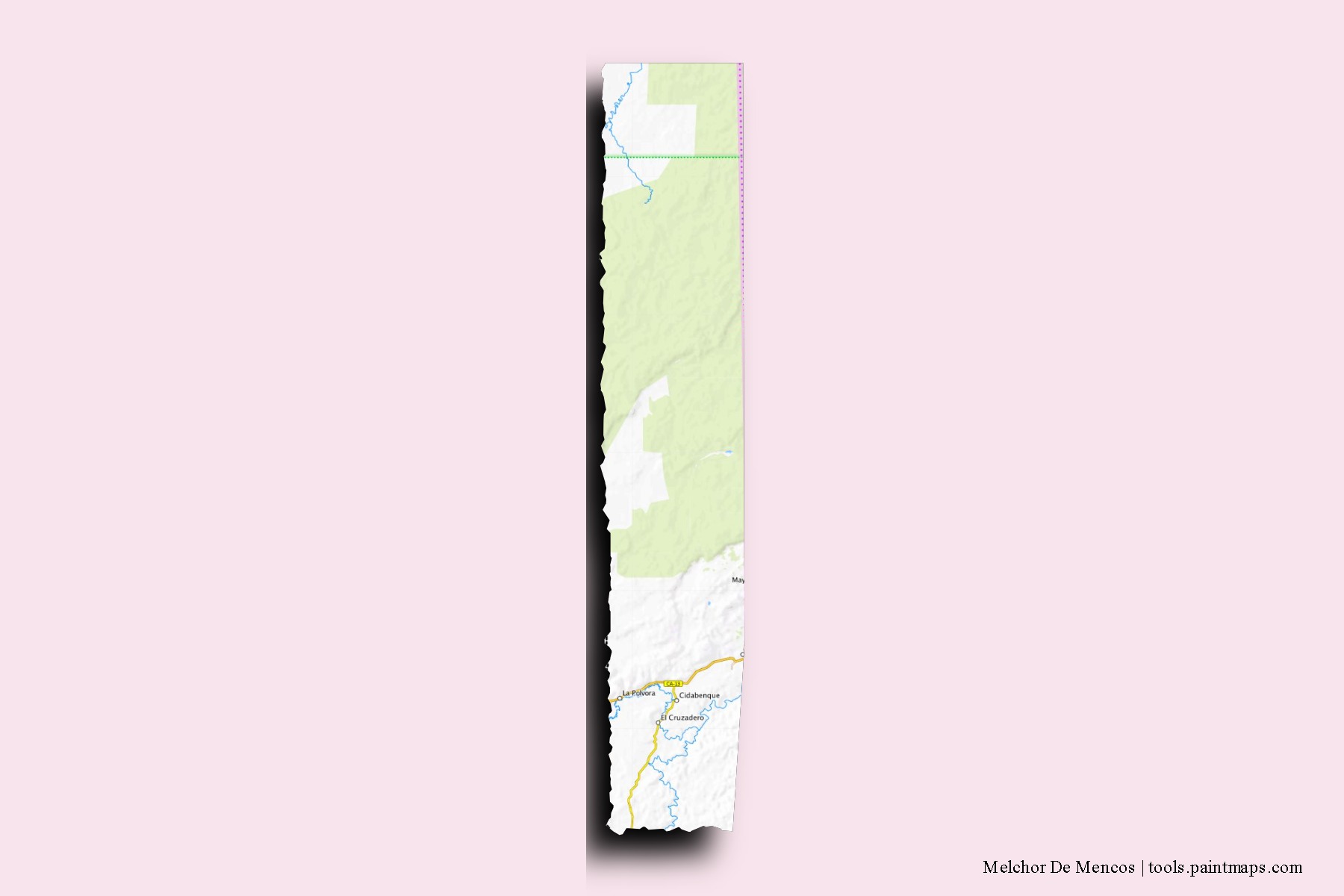 Mapa de barrios y pueblos de Melchor De Mencos con efecto de sombra 3D