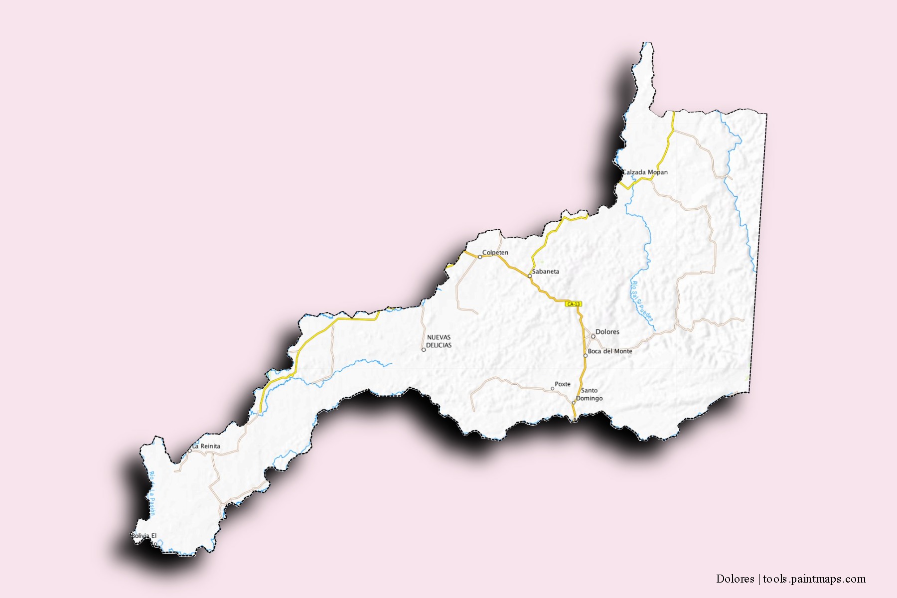 Mapa de barrios y pueblos de Dolores con efecto de sombra 3D