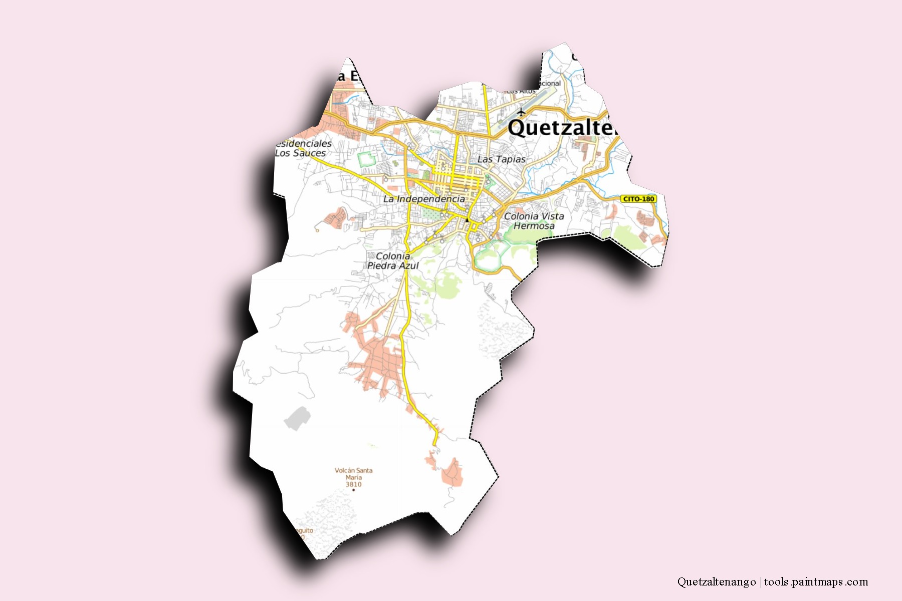 Mapa de barrios y pueblos de Quetzaltenango con efecto de sombra 3D