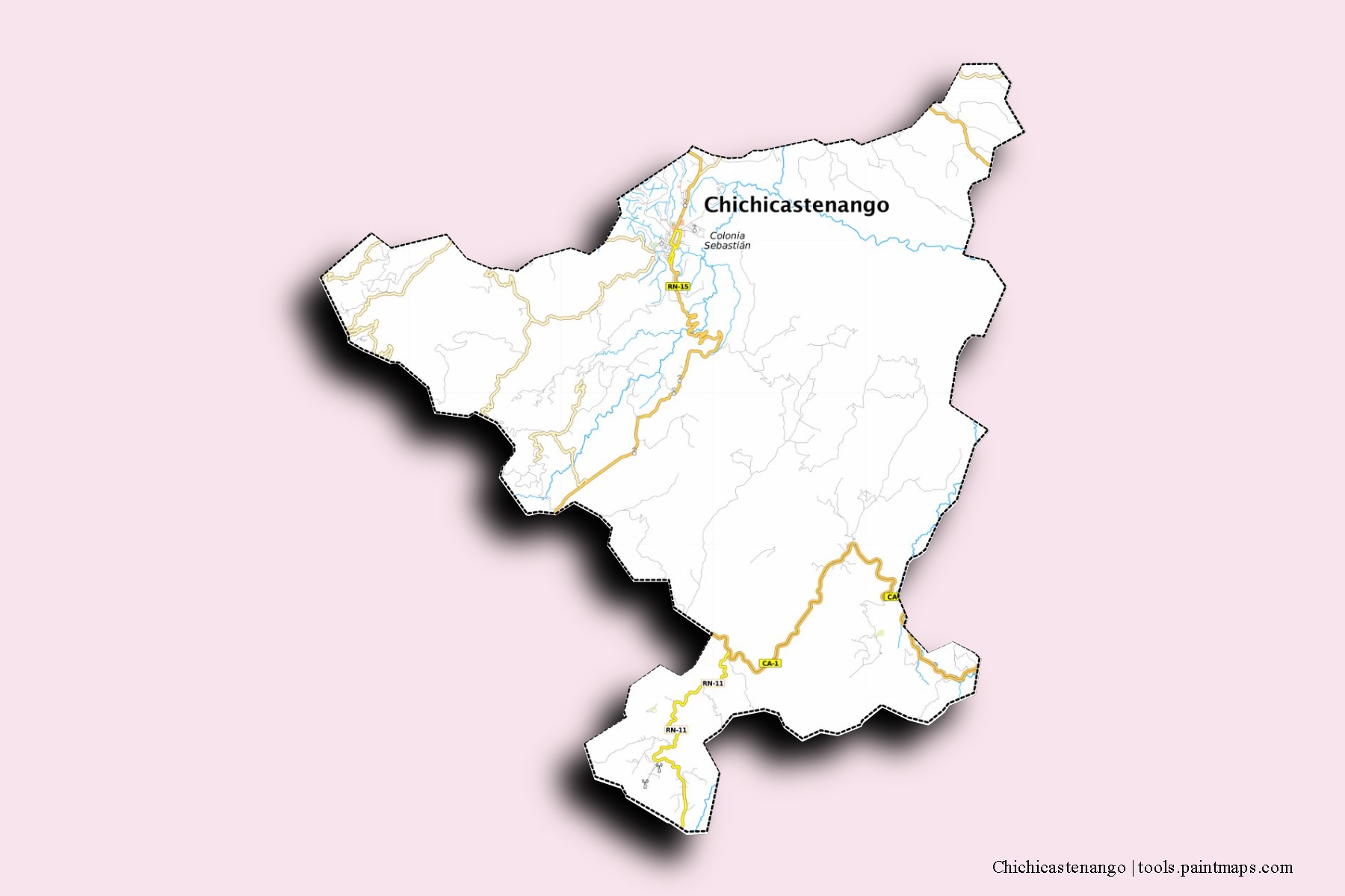 Mapa de barrios y pueblos de Chichicastenango con efecto de sombra 3D