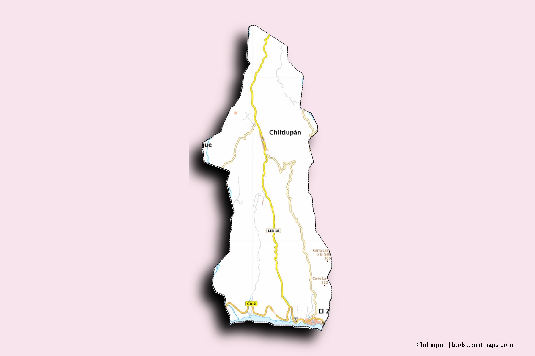 Mapa de barrios y pueblos de Chiltiupan con efecto de sombra 3D