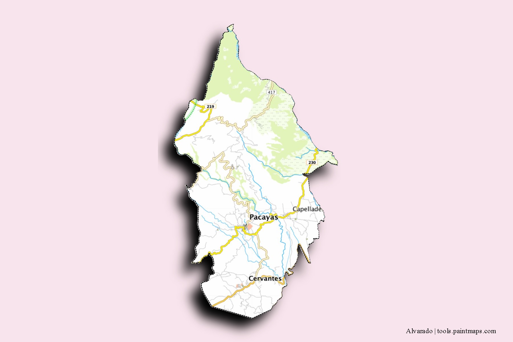 Mapa de barrios y pueblos de Alvarado con efecto de sombra 3D