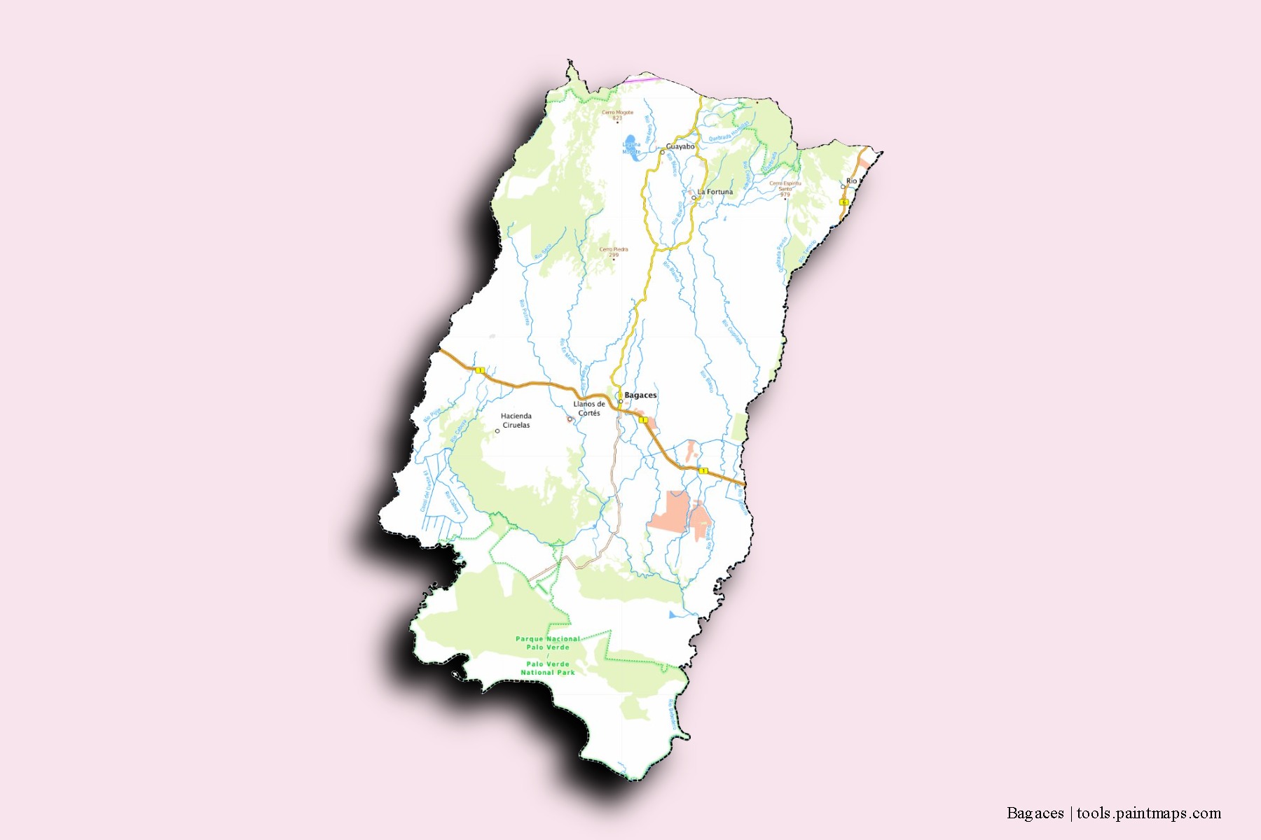 Mapa de barrios y pueblos de Bagaces con efecto de sombra 3D