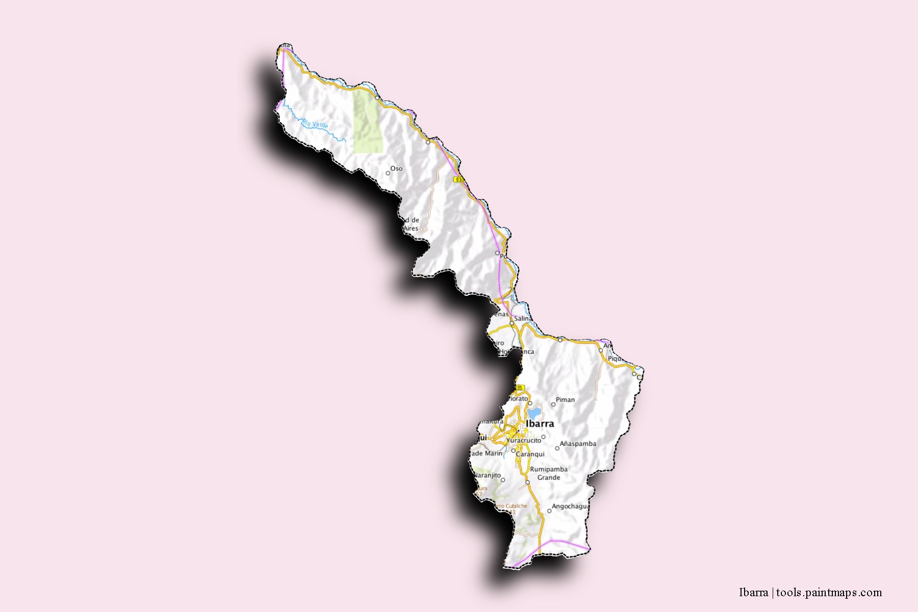 Mapa de barrios y pueblos de Ibarra con efecto de sombra 3D