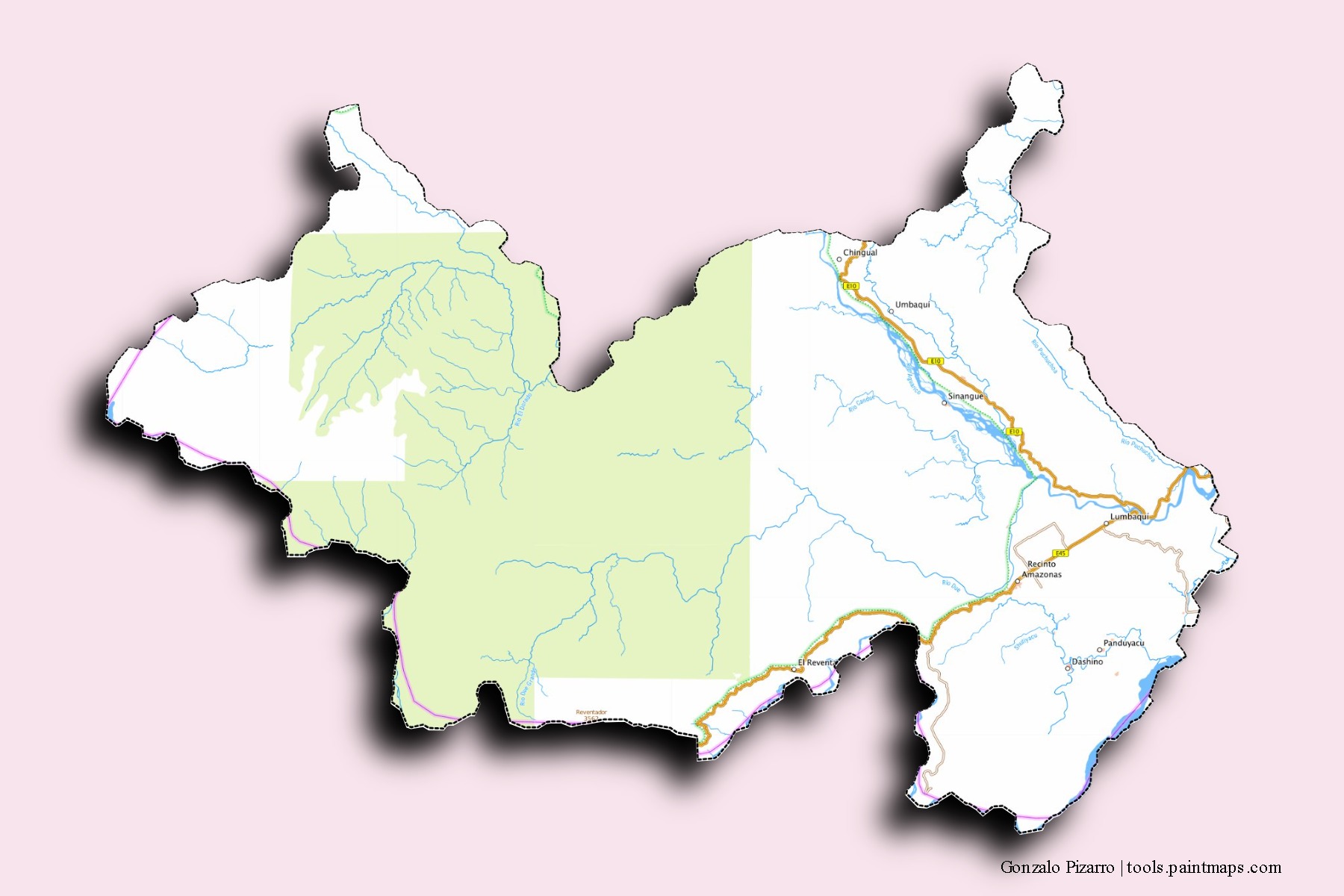 Mapa de barrios y pueblos de Gonzalo Pizarro con efecto de sombra 3D