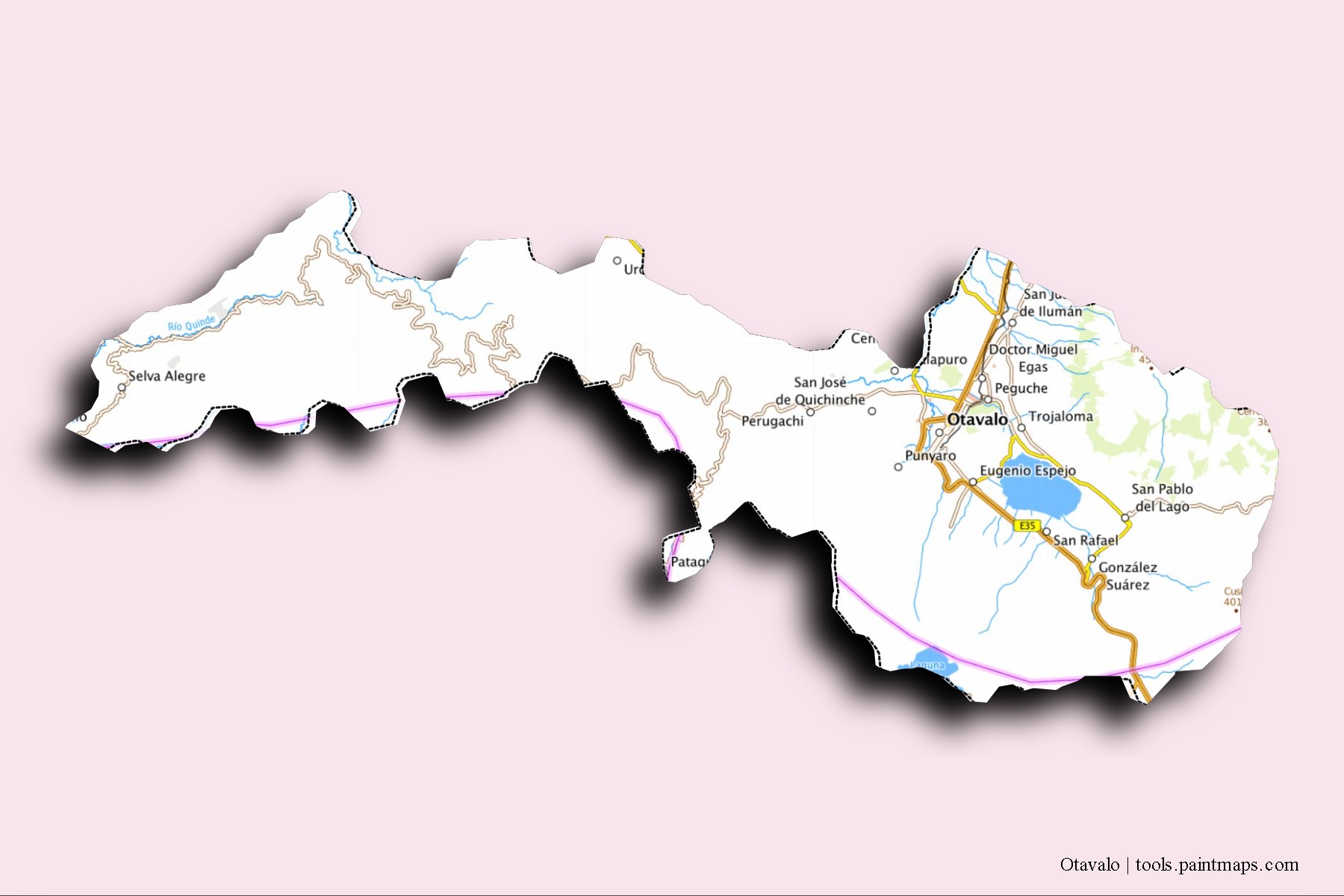 Mapa de barrios y pueblos de Otavalo con efecto de sombra 3D