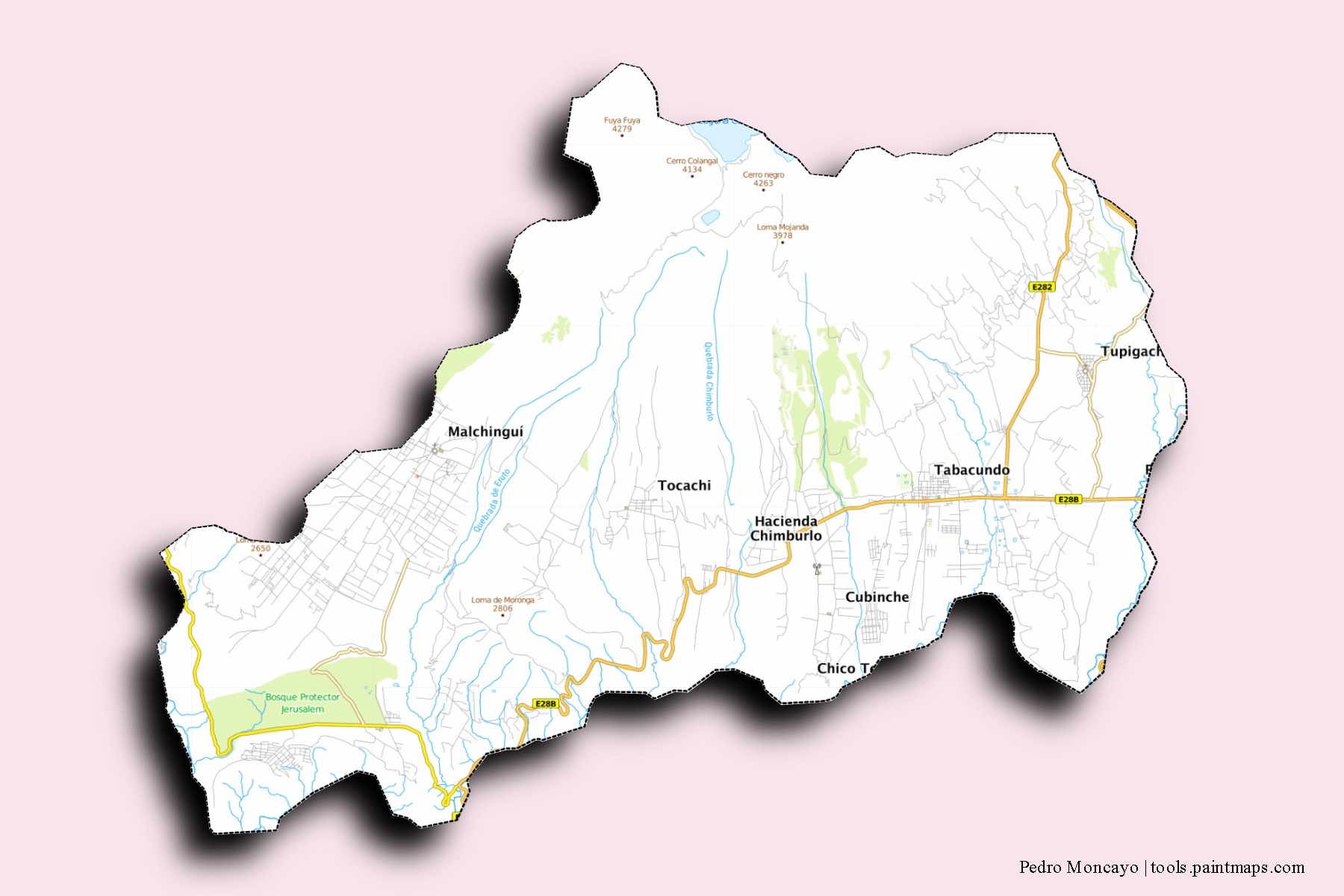 Mapa de barrios y pueblos de Pedro Moncayo con efecto de sombra 3D