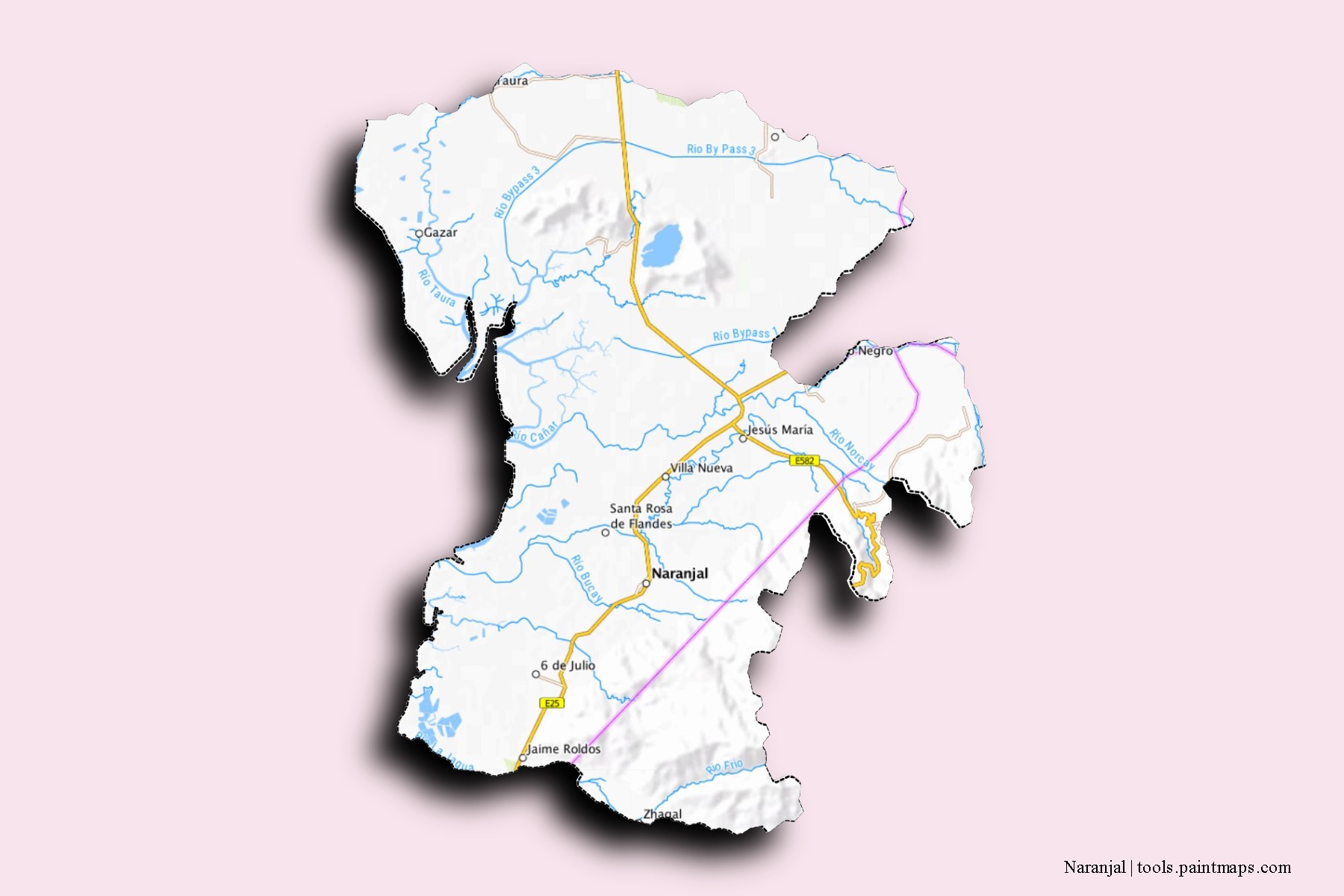 Mapa de barrios y pueblos de Naranjal con efecto de sombra 3D