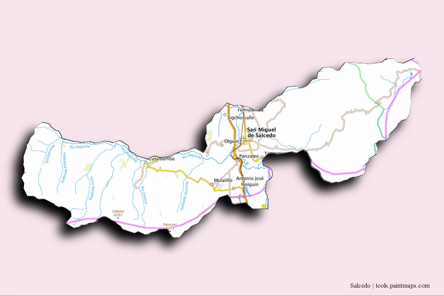 Mapa de barrios y pueblos de Salcedo con efecto de sombra 3D