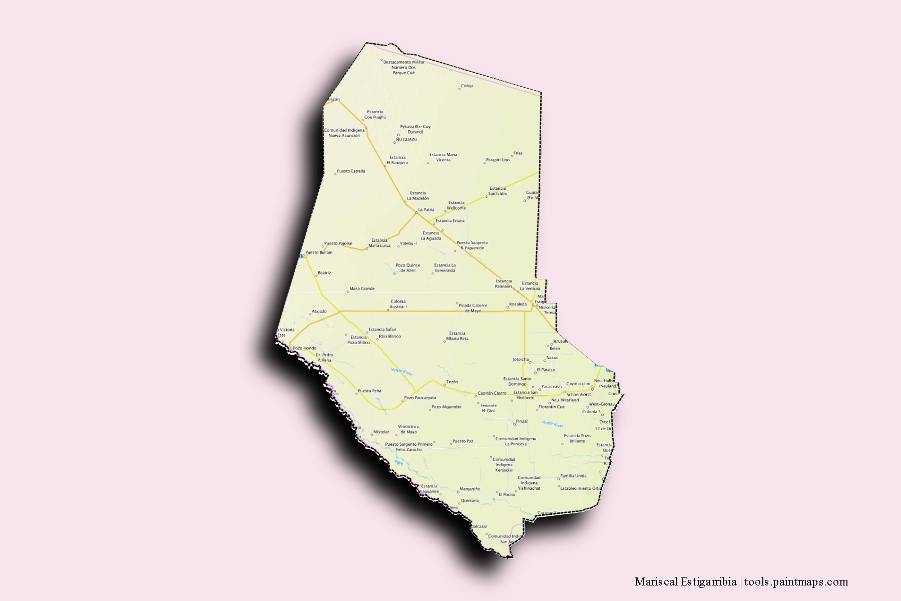 Mariscal José Félix Estigarribia neighborhoods and villages map with 3D shadow effect