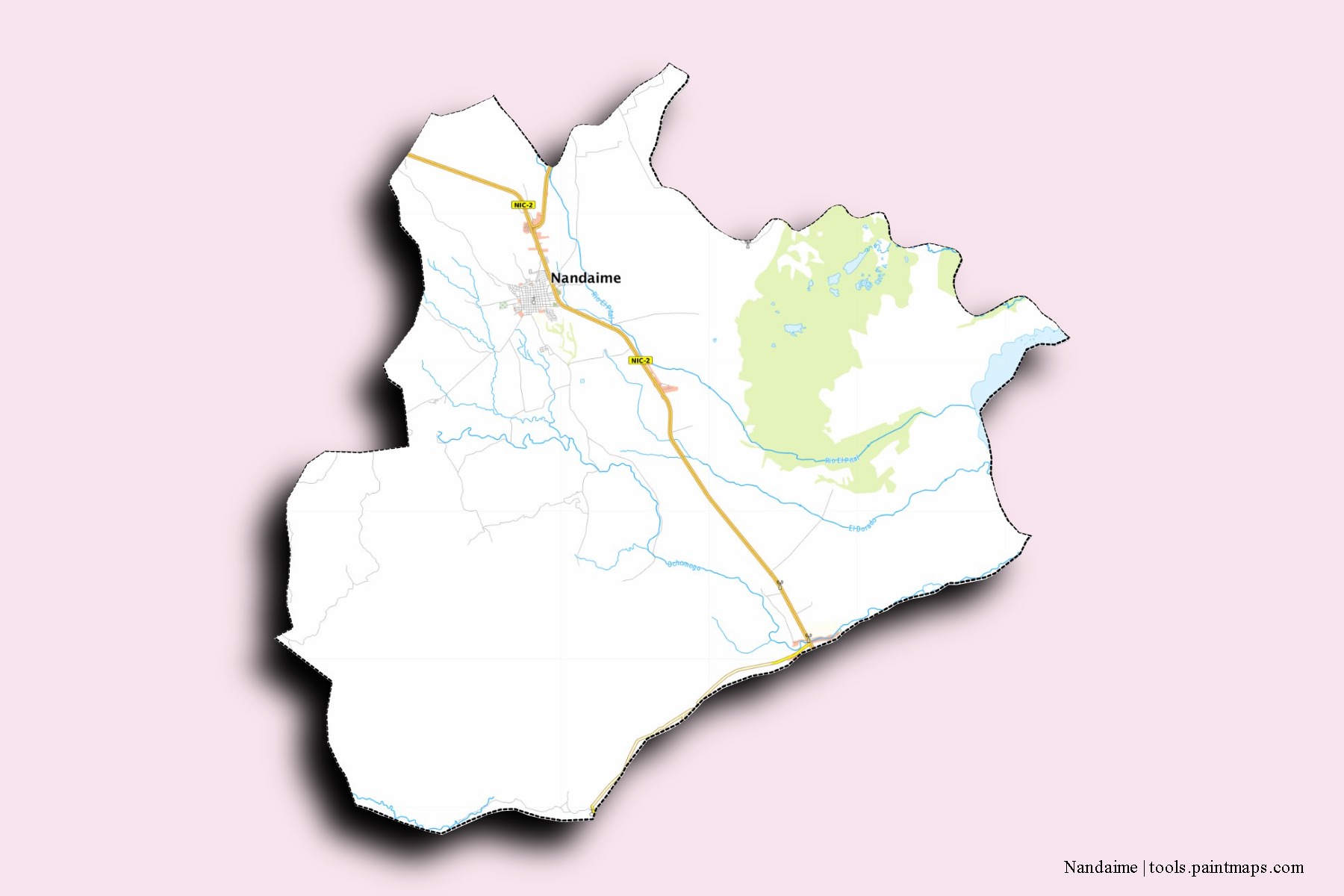 Mapa de barrios y pueblos de Nandaime con efecto de sombra 3D