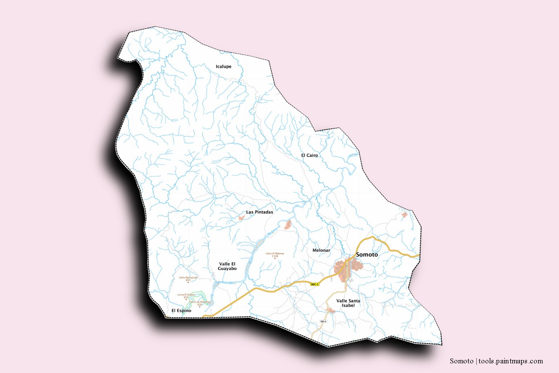 Mapa de barrios y pueblos de Somoto con efecto de sombra 3D